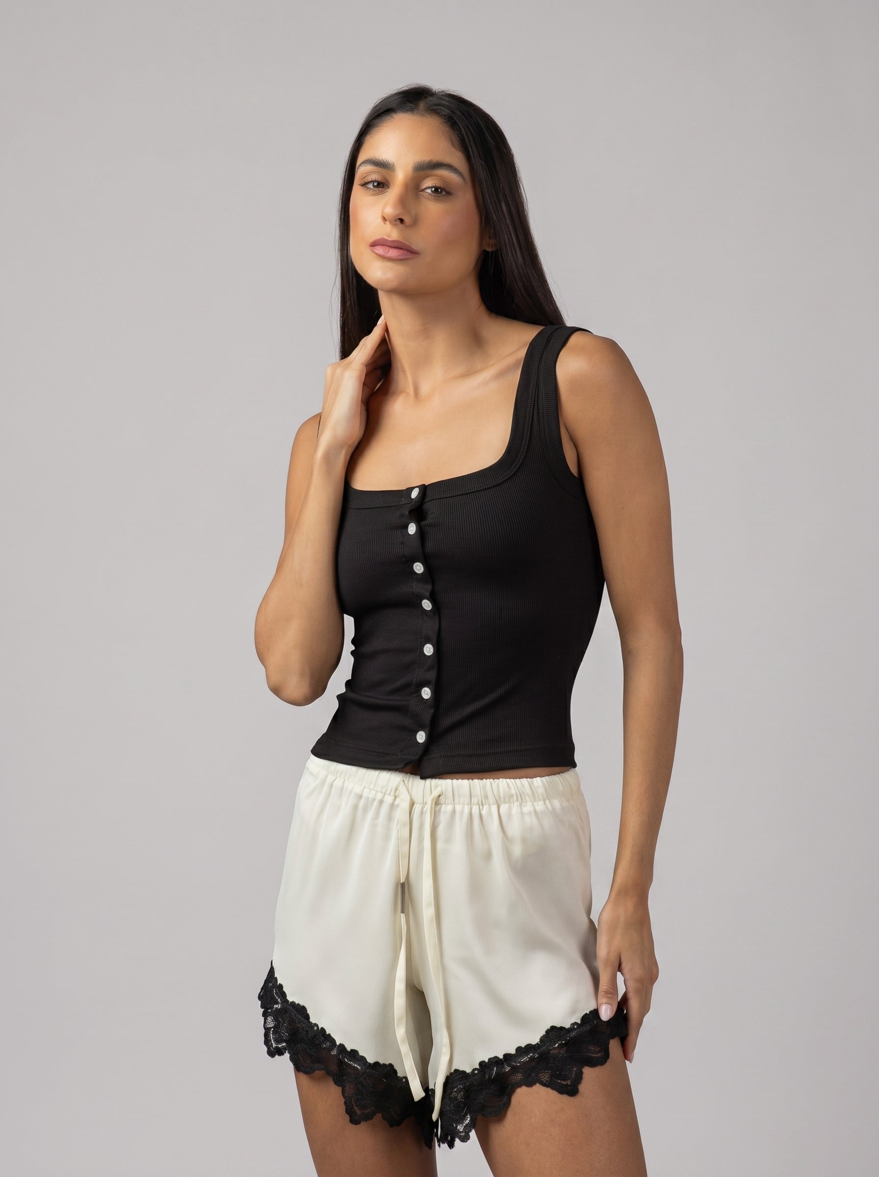 Ribbed Buttoned Top in Black