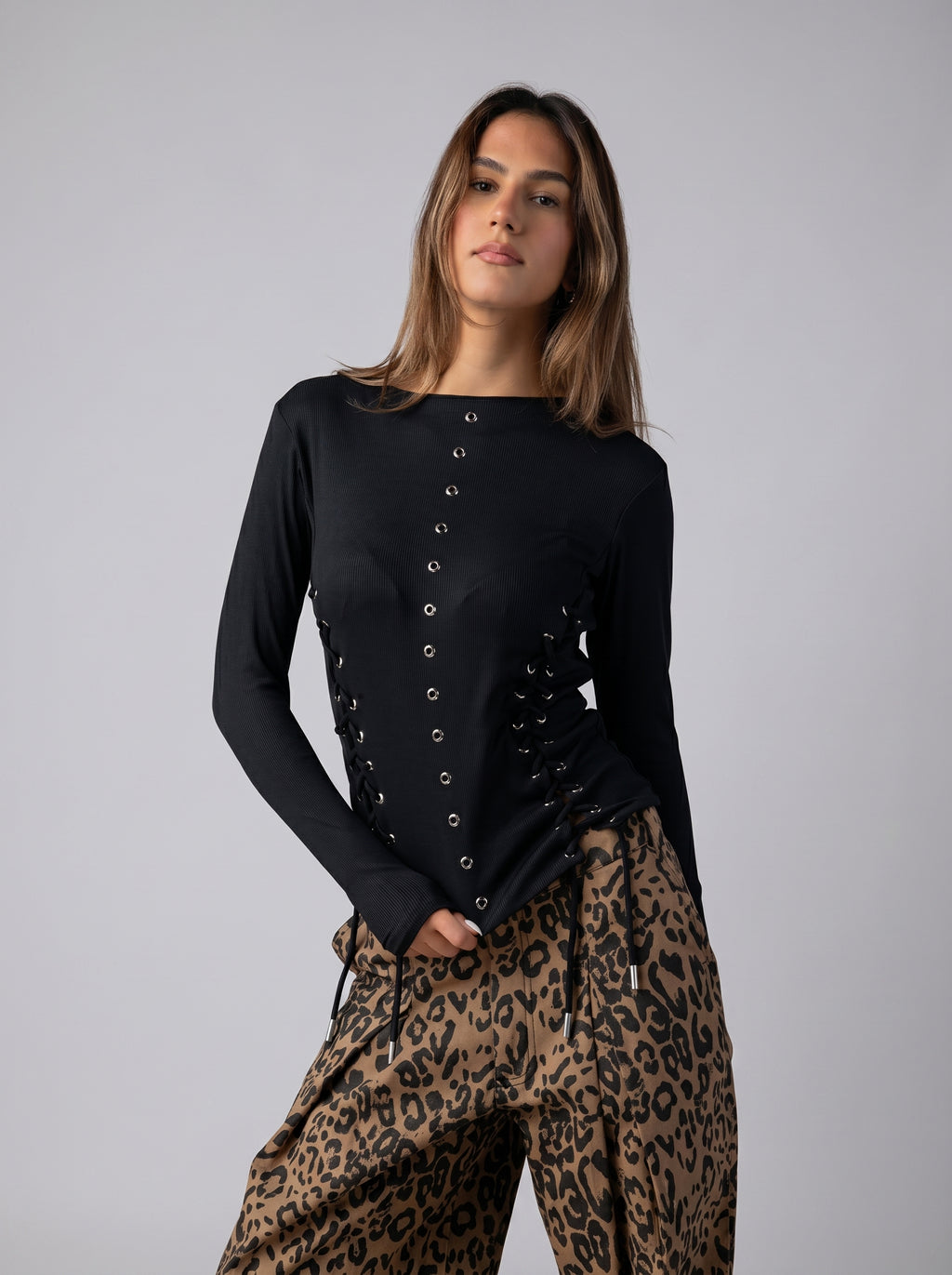 Side-Laced Structured Long Sleeve Top in Black