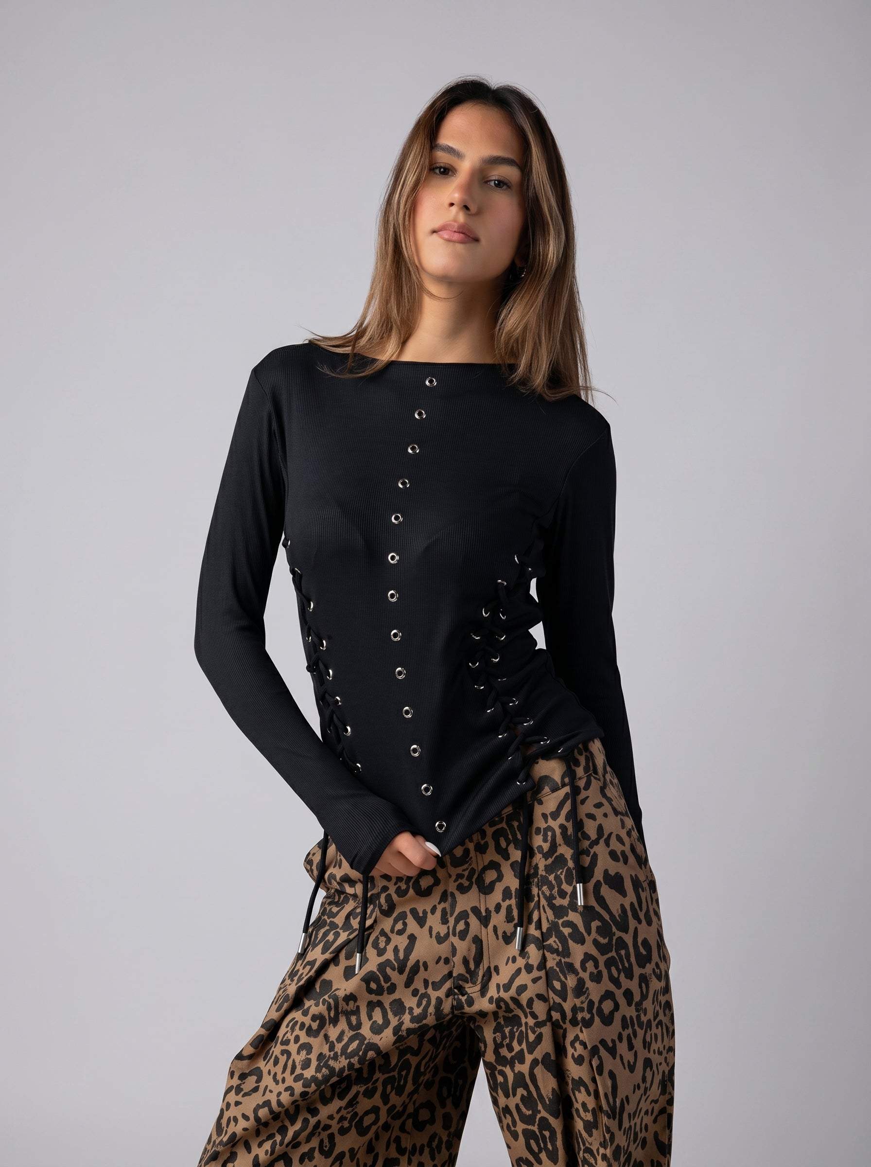 Side-Laced Structured Long Sleeve Top in Black