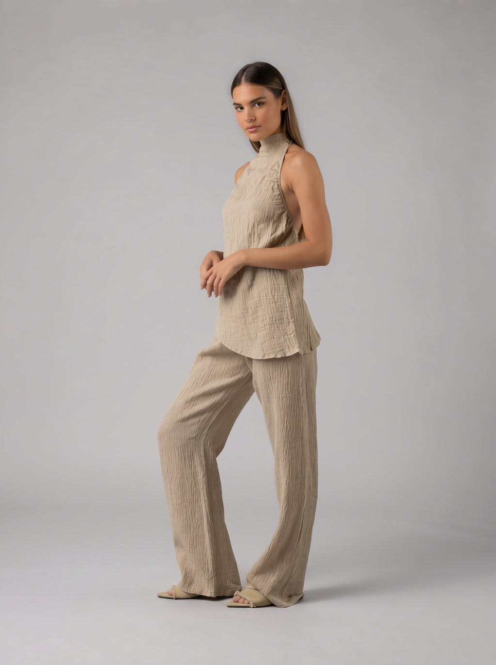 Asymmetrical Backless Linen Set in Beige