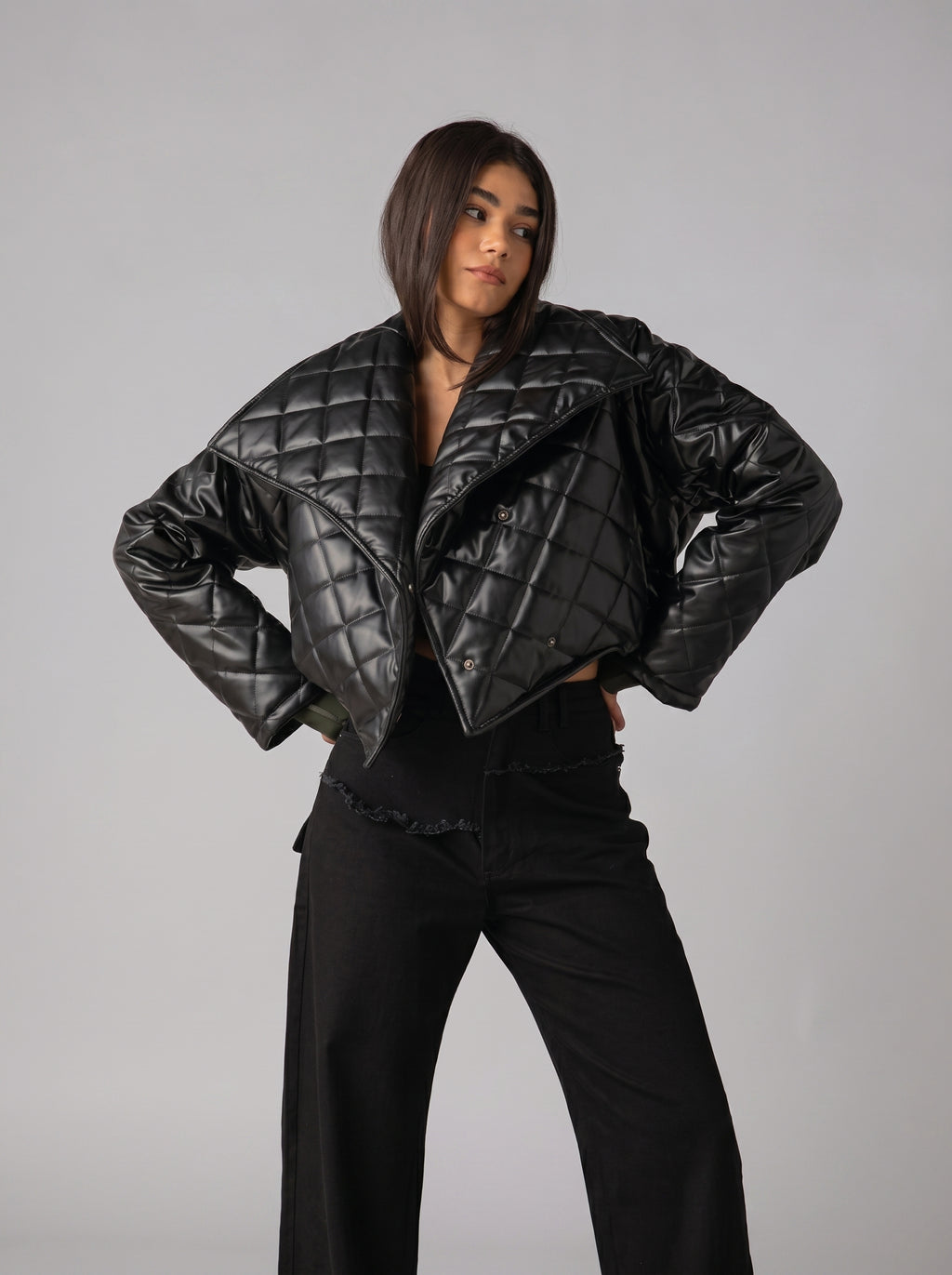 Cropped leather jacket in Black