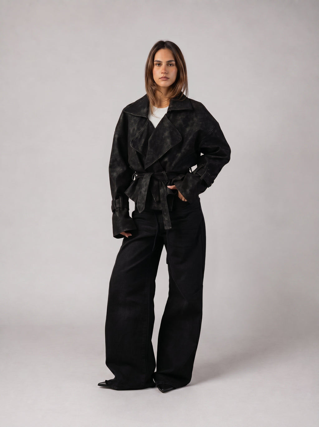Genuine Suede Belted Jacket in Black