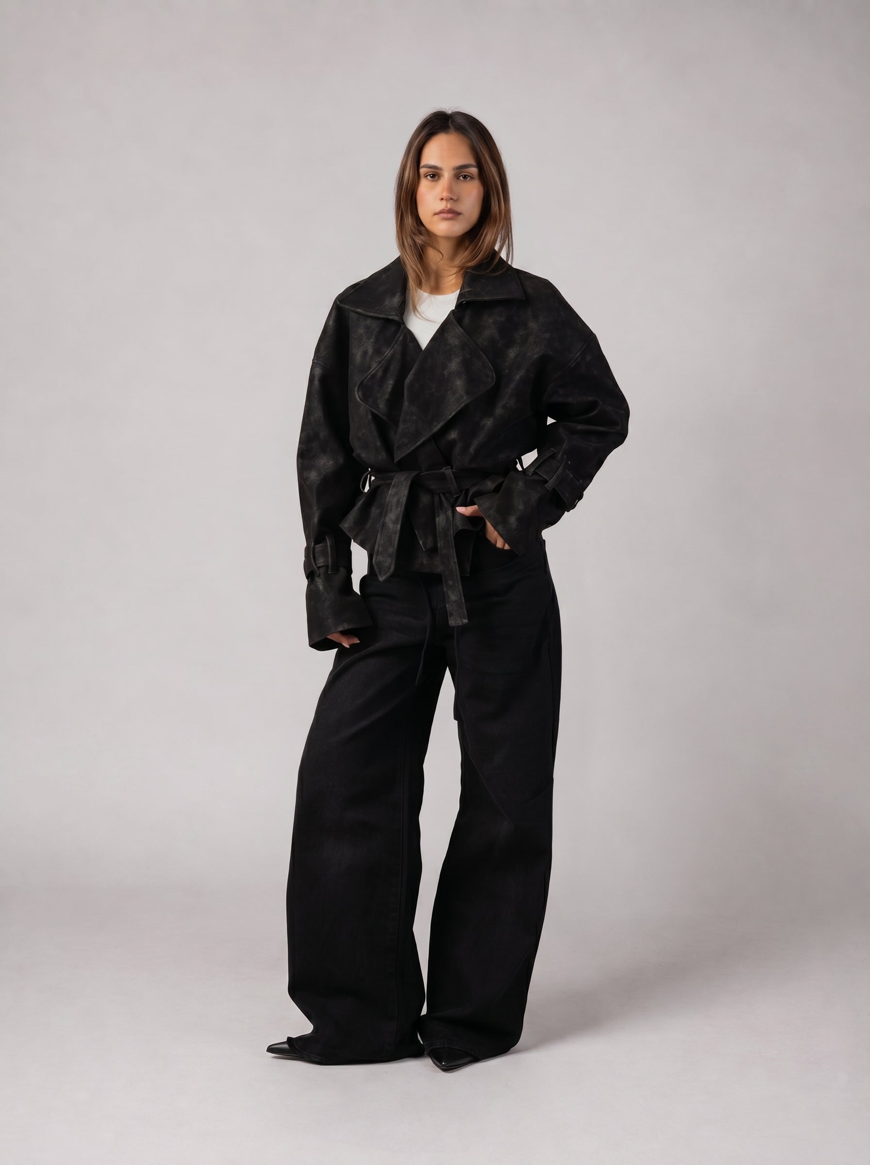 Genuine Suede Belted Jacket in Black