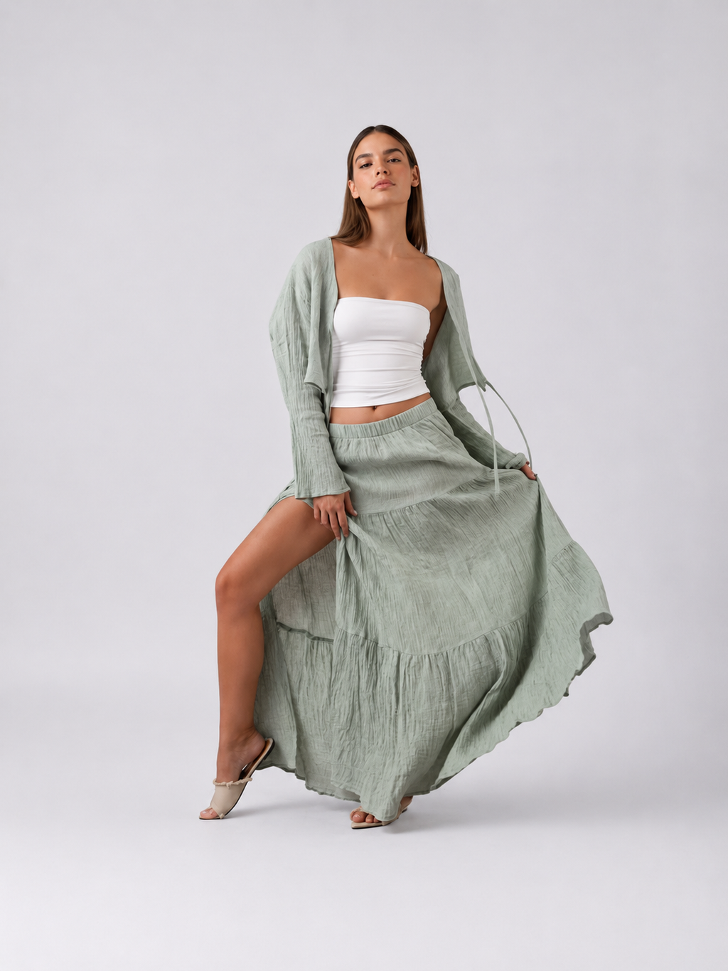 Slit skirt linen set in pistage