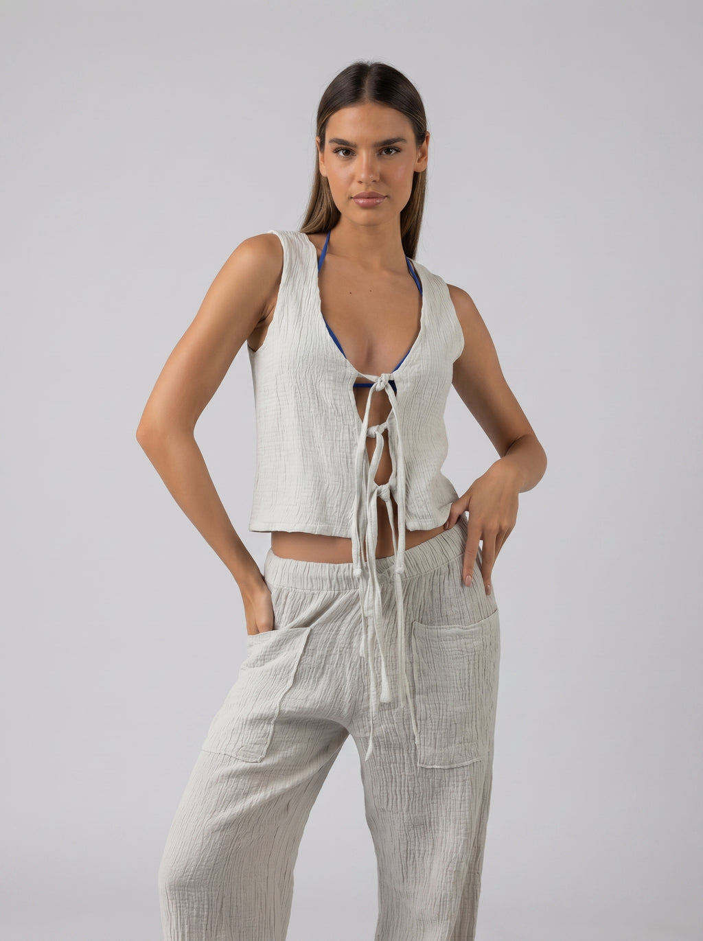 Tie Linen Set in Light Grey