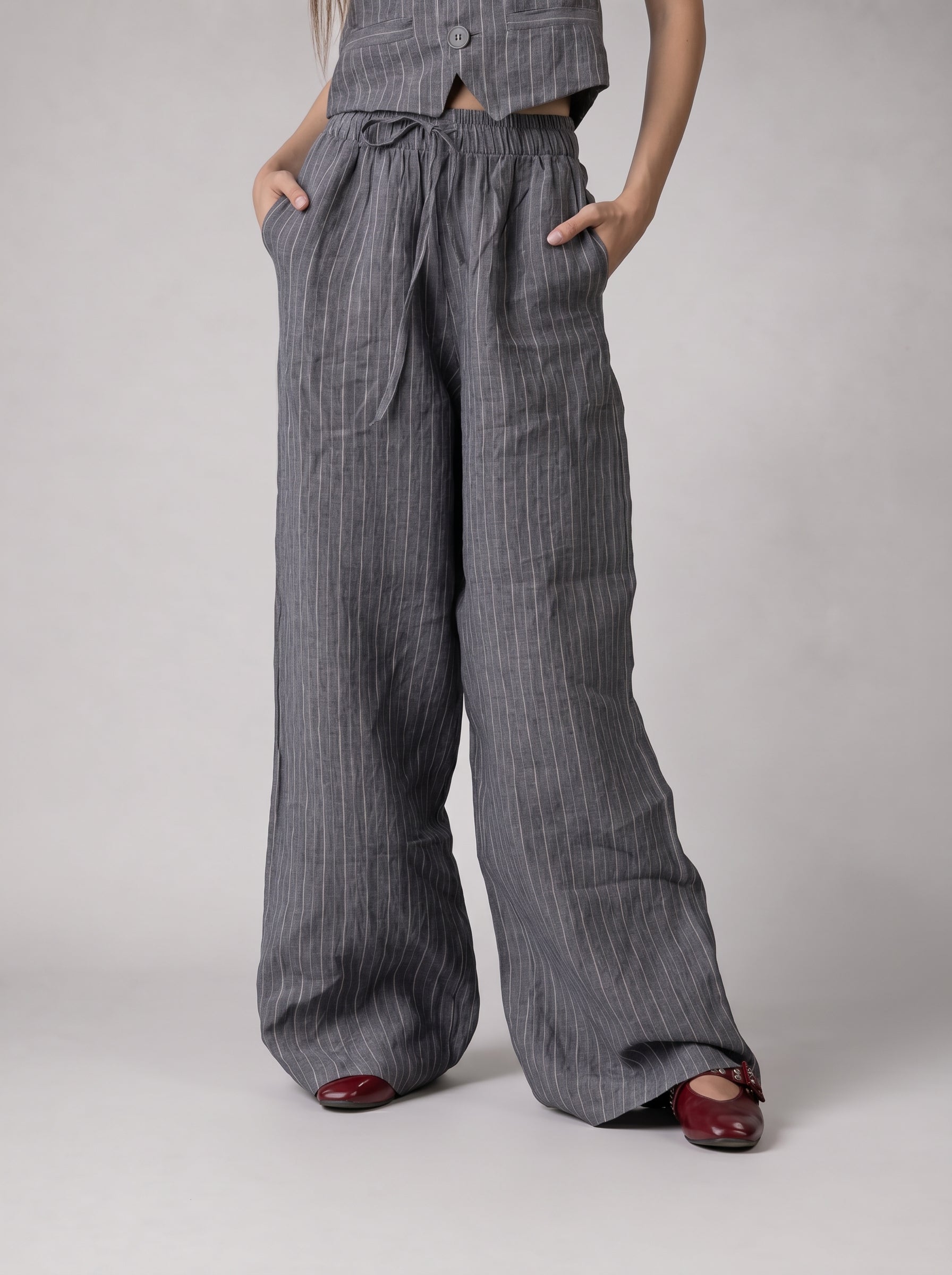 Vest Stripe Linen Set in Grey
