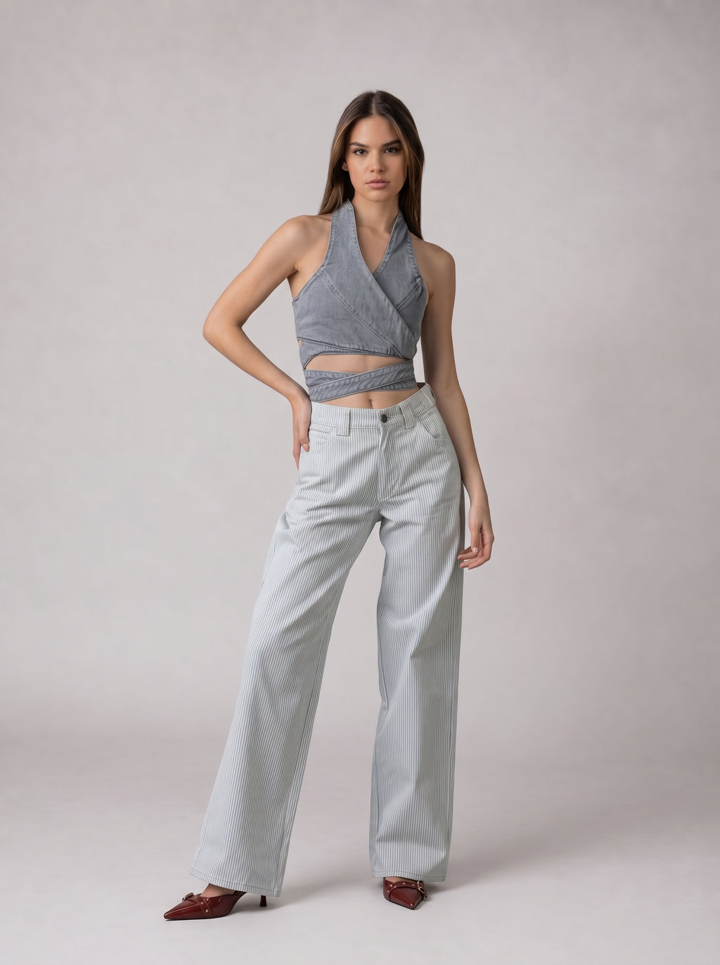 Wrap Denim Crop Top in Washed Grey