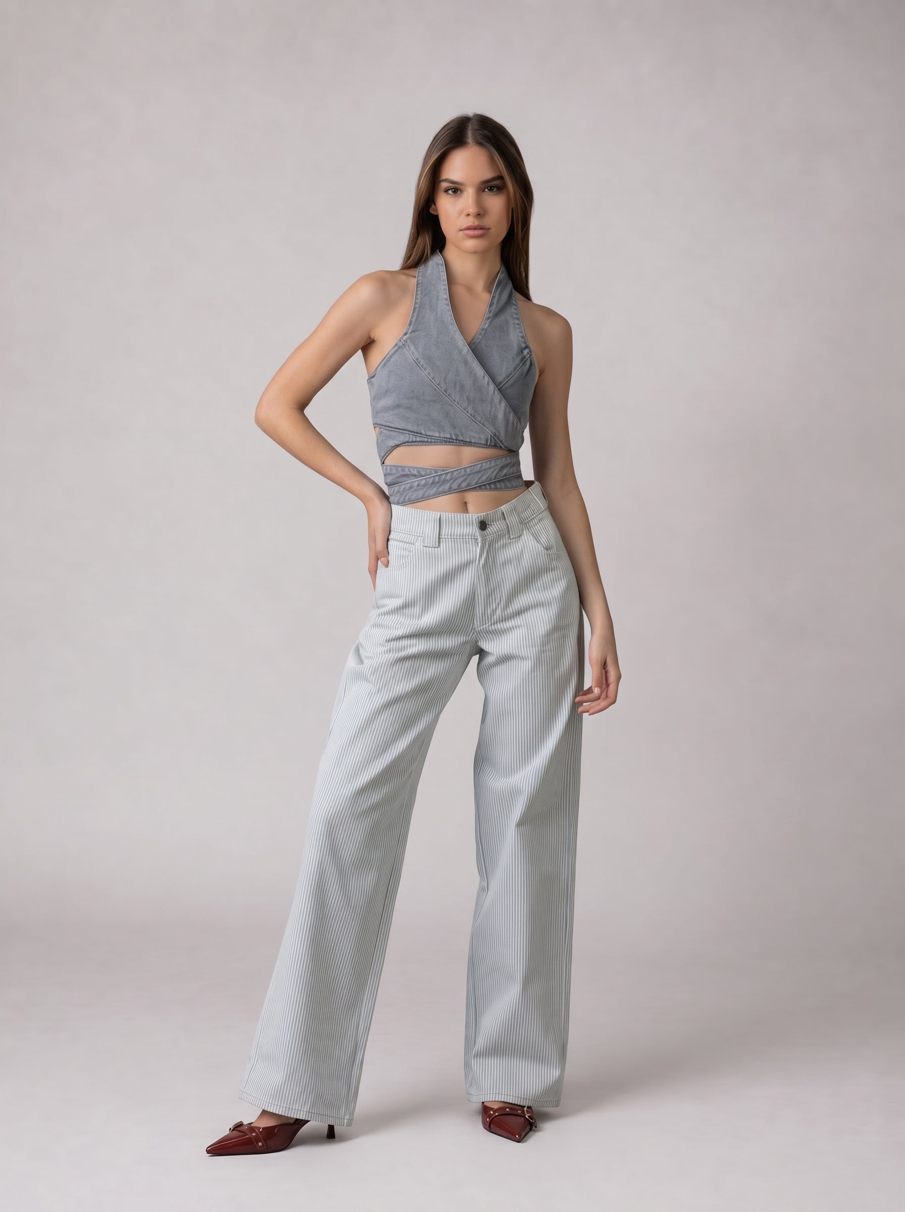 Wrap Denim Crop Top in Washed Grey
