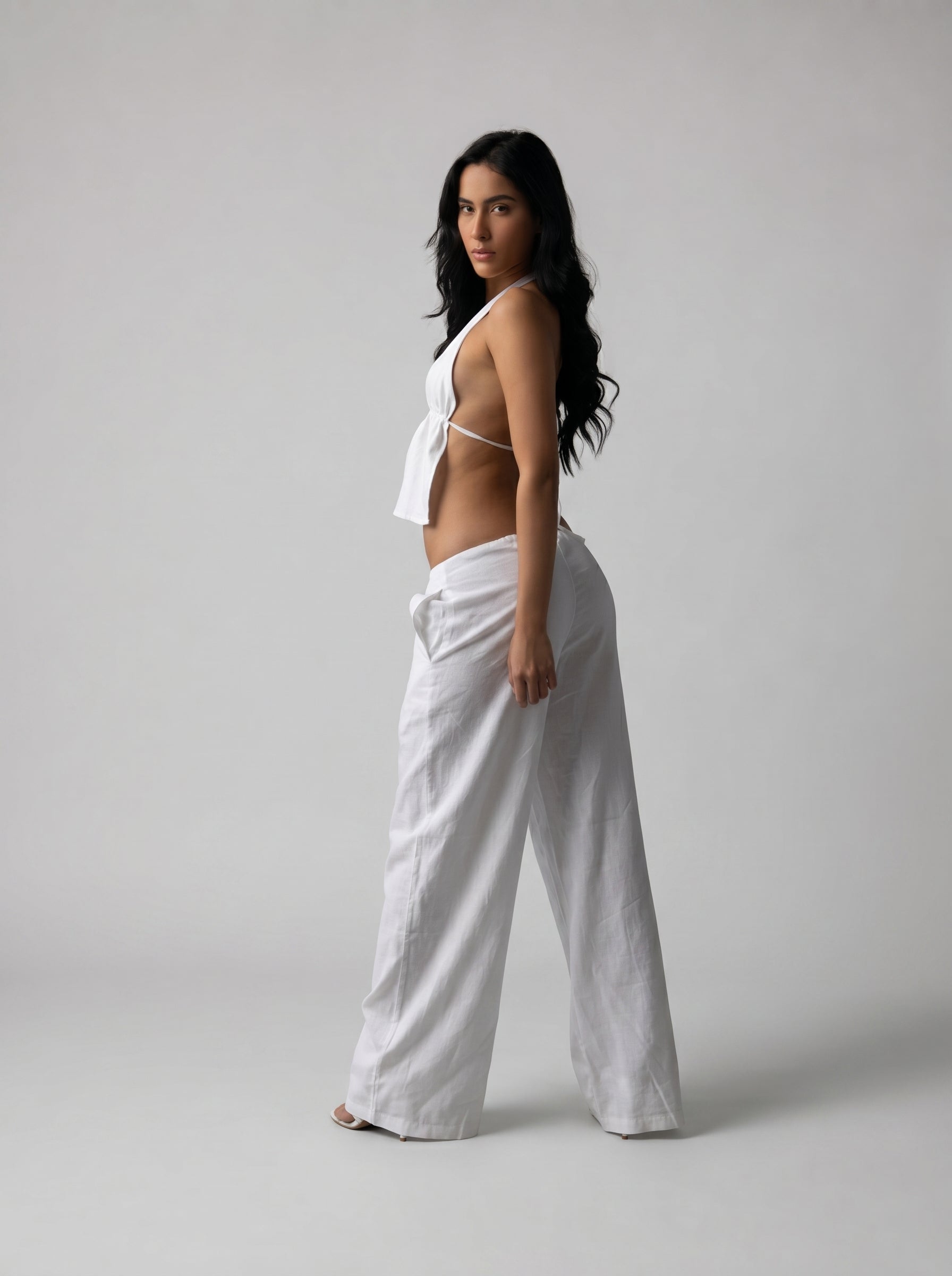 Halter top linen set in White