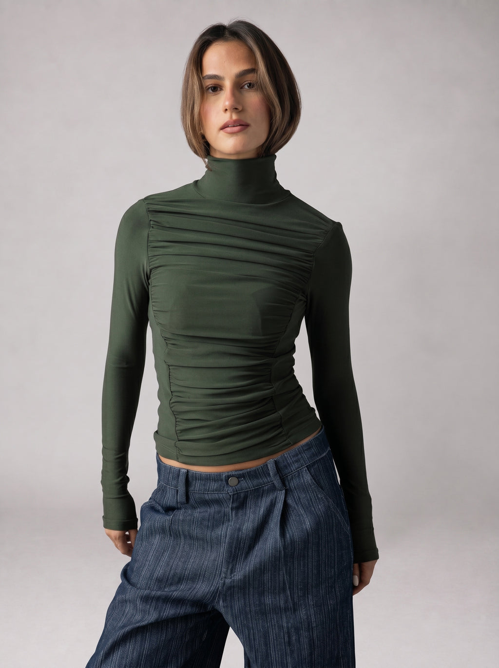 Draped High Neck Top in Olive