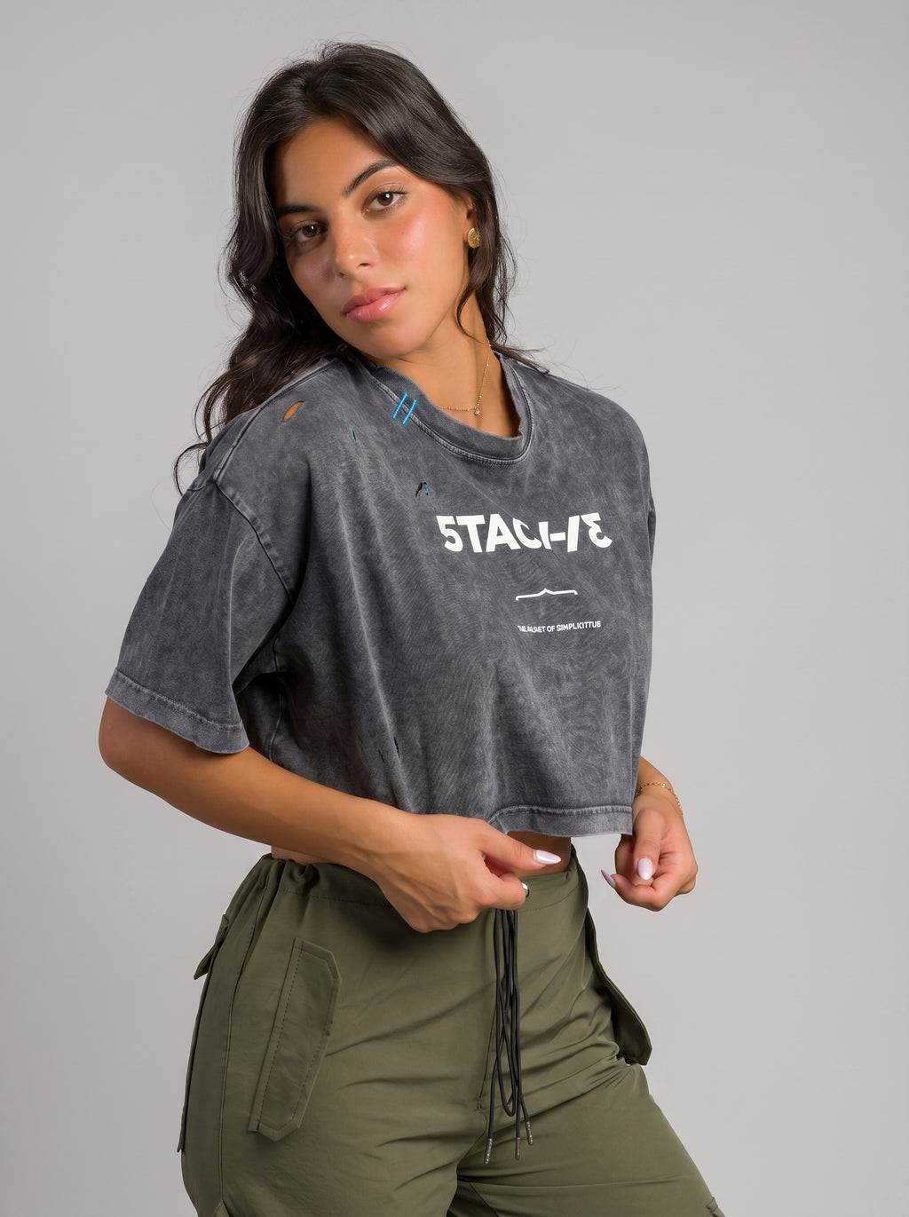 5TAC113 Ripped Washed Crop top in Grey