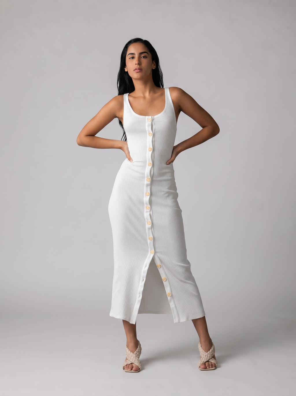 Stretchy ribbed dress in White