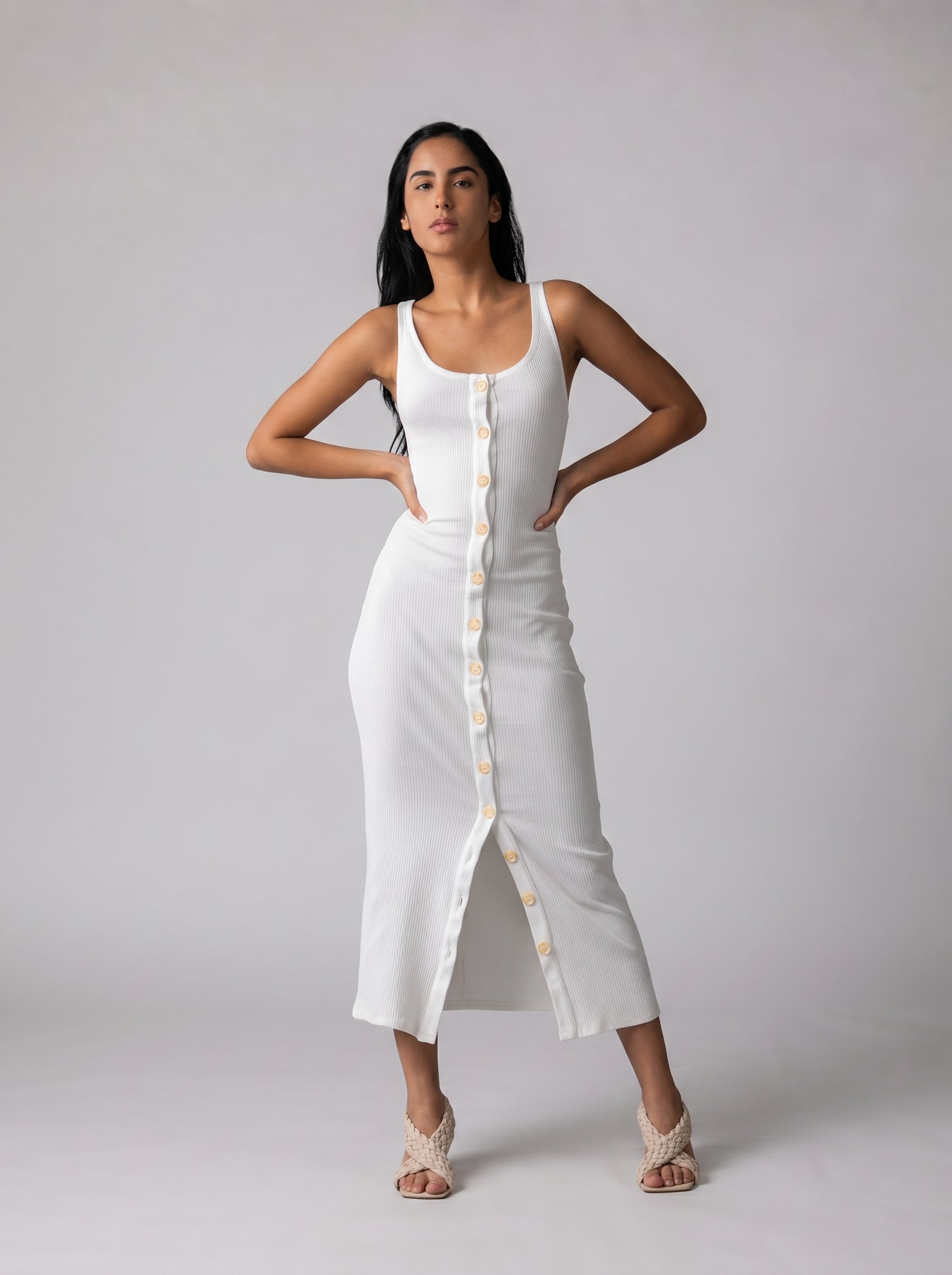 Stretchy ribbed dress in White