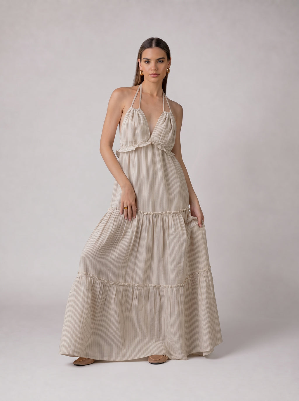 Pinstripe Flow Maxi Linen Dress in Beige