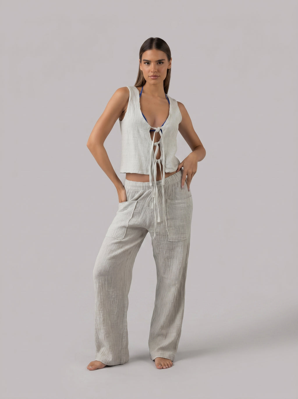 Tie Linen Set in Light Grey