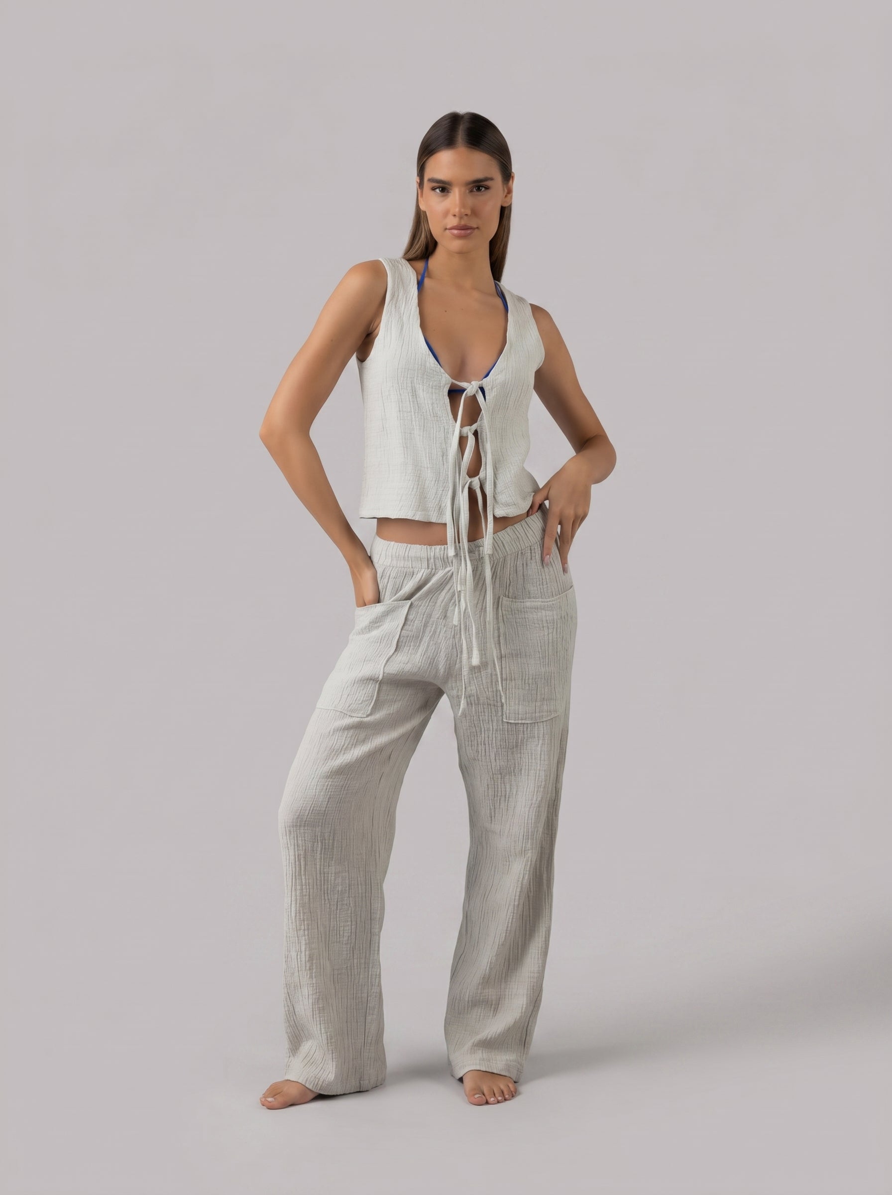 Tie Linen Set in Light Grey