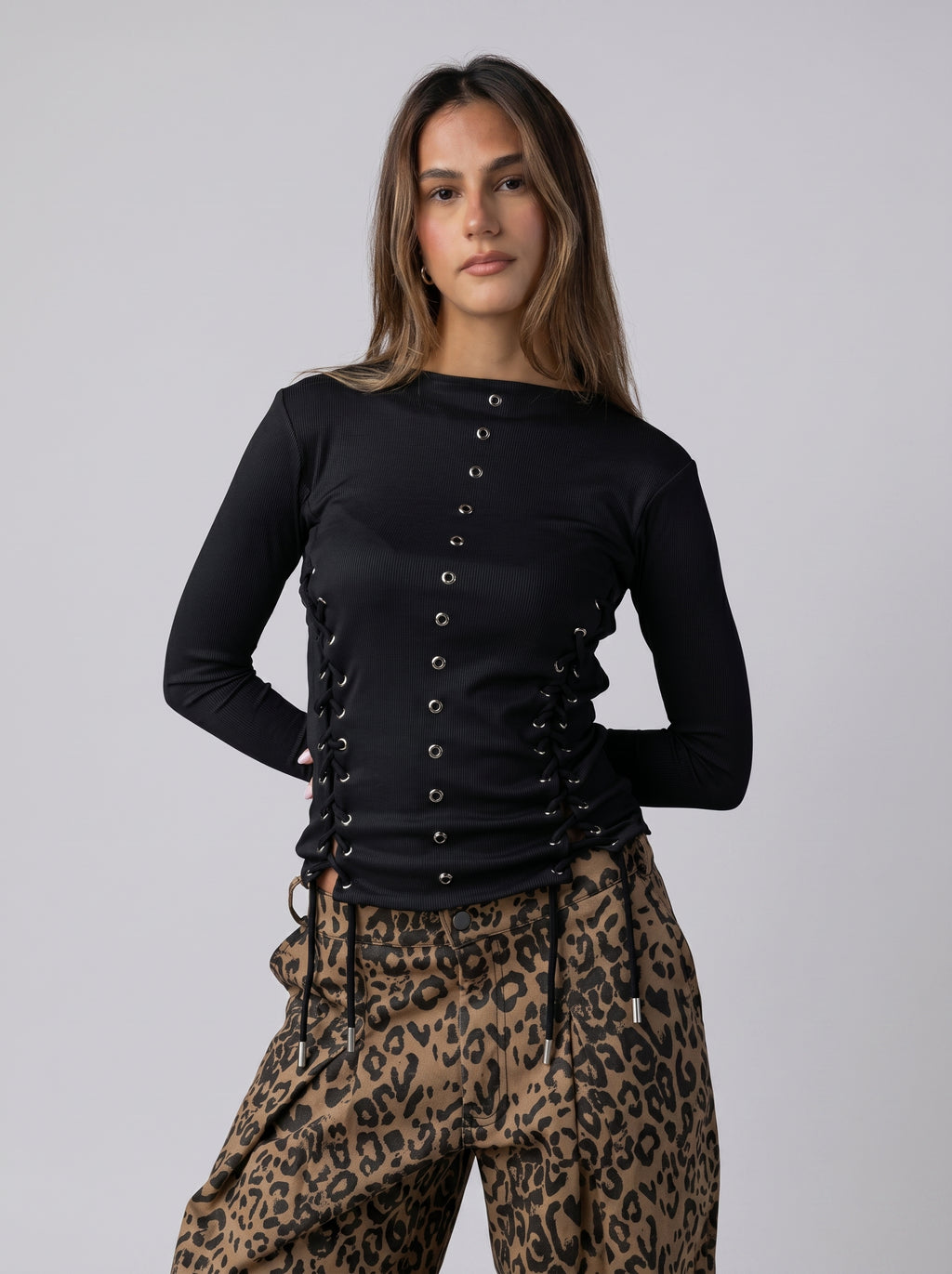 Side-Laced Structured Long Sleeve Top in Black
