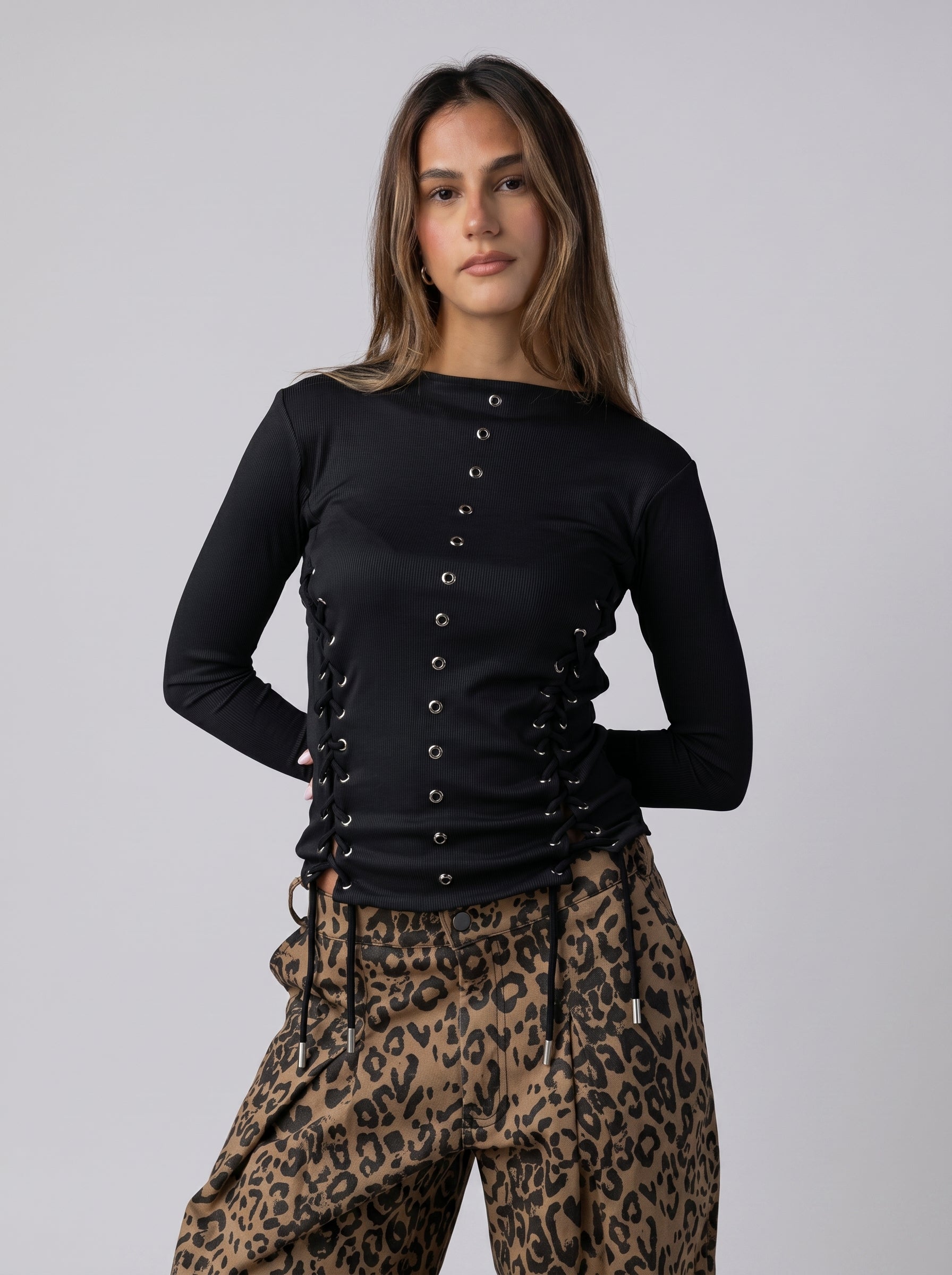 Side-Laced Structured Long Sleeve Top in Black