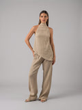Asymmetrical Backless Linen Set in Beige