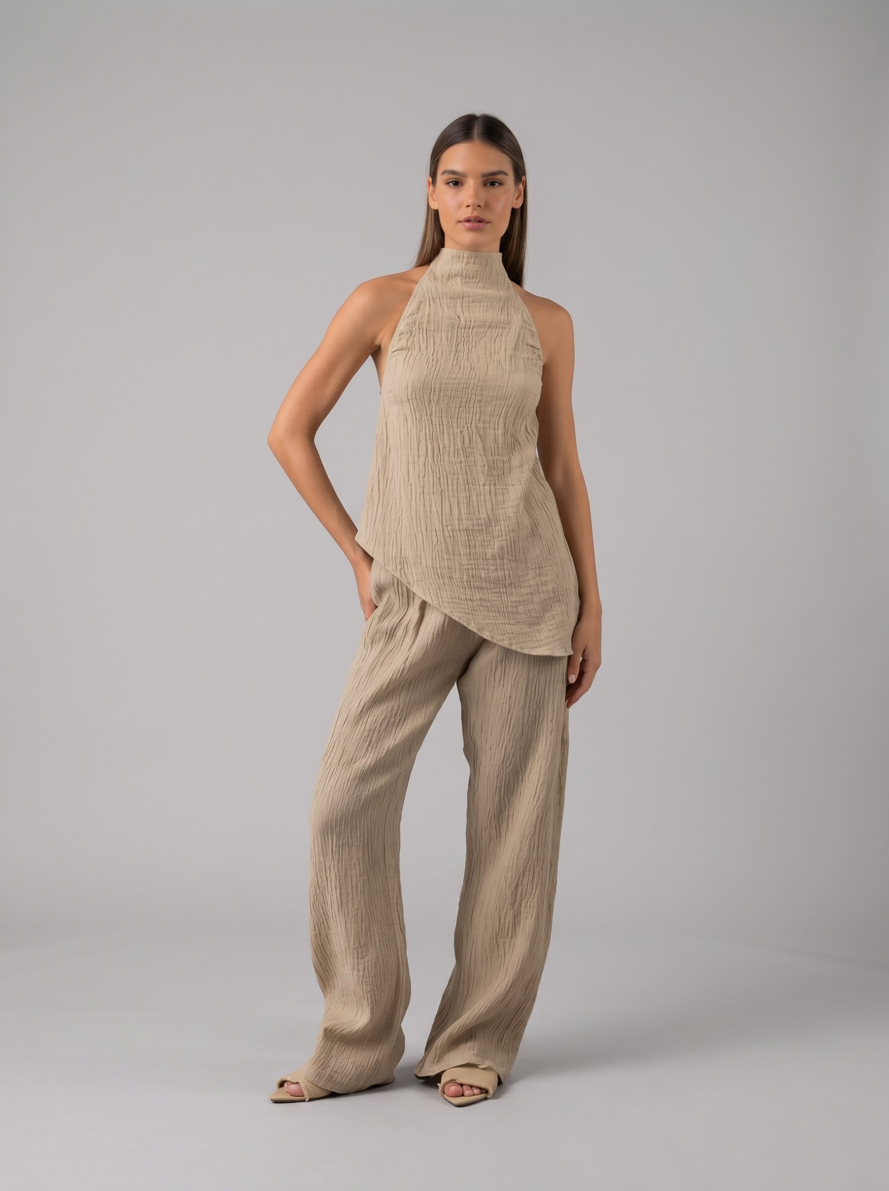 Asymmetrical Backless Linen Set in Beige