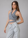 Wrap Denim Crop Top in Washed Grey