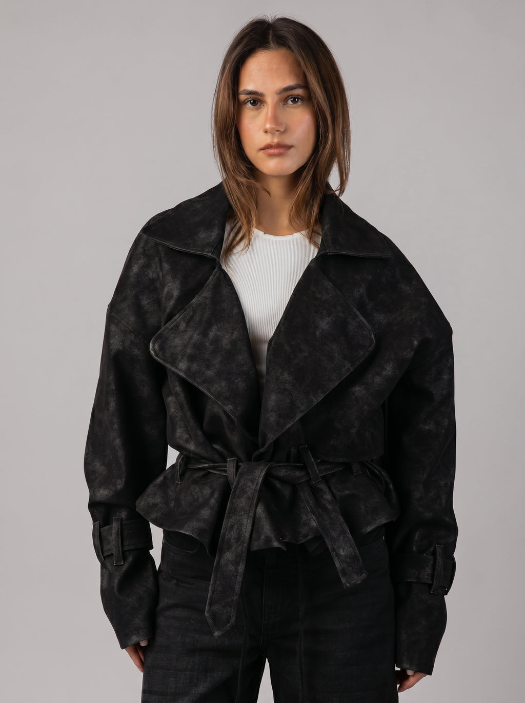Genuine Suede Belted Jacket in Black