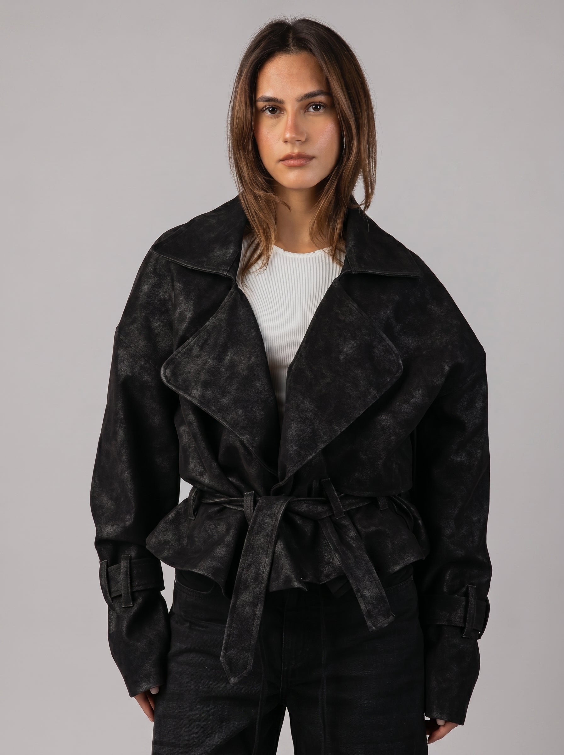 Genuine Suede Belted Jacket in Black