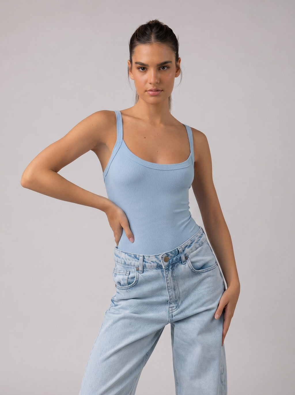 Ribbed Strappy Bodysuit in Babyblue