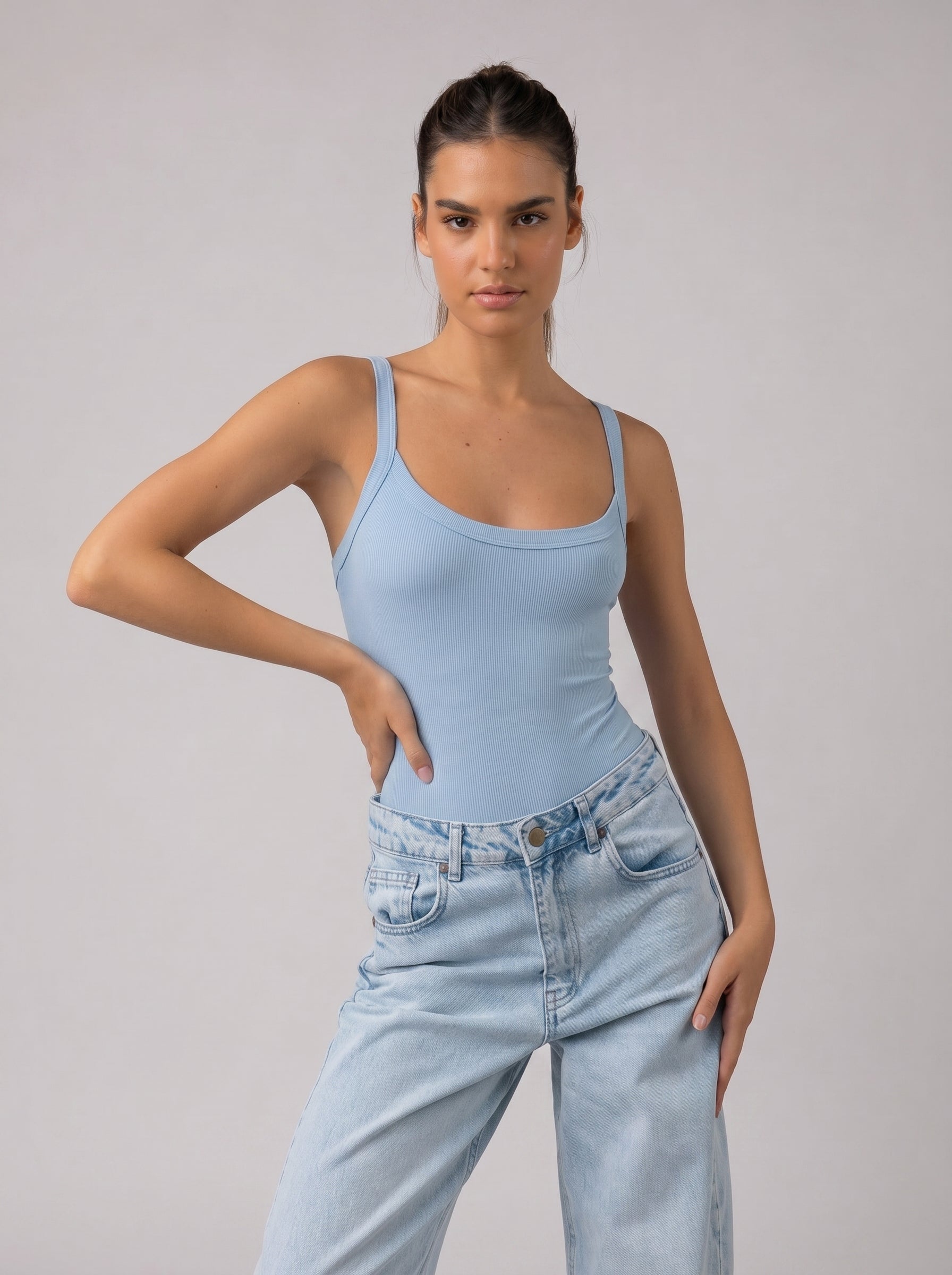 Ribbed Strappy Bodysuit in Babyblue