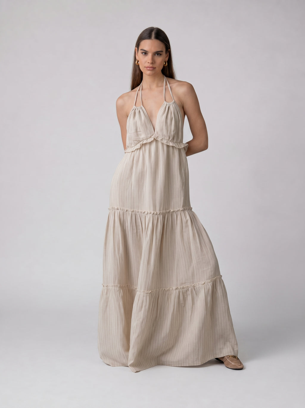 Pinstripe Flow Maxi Linen Dress in Beige