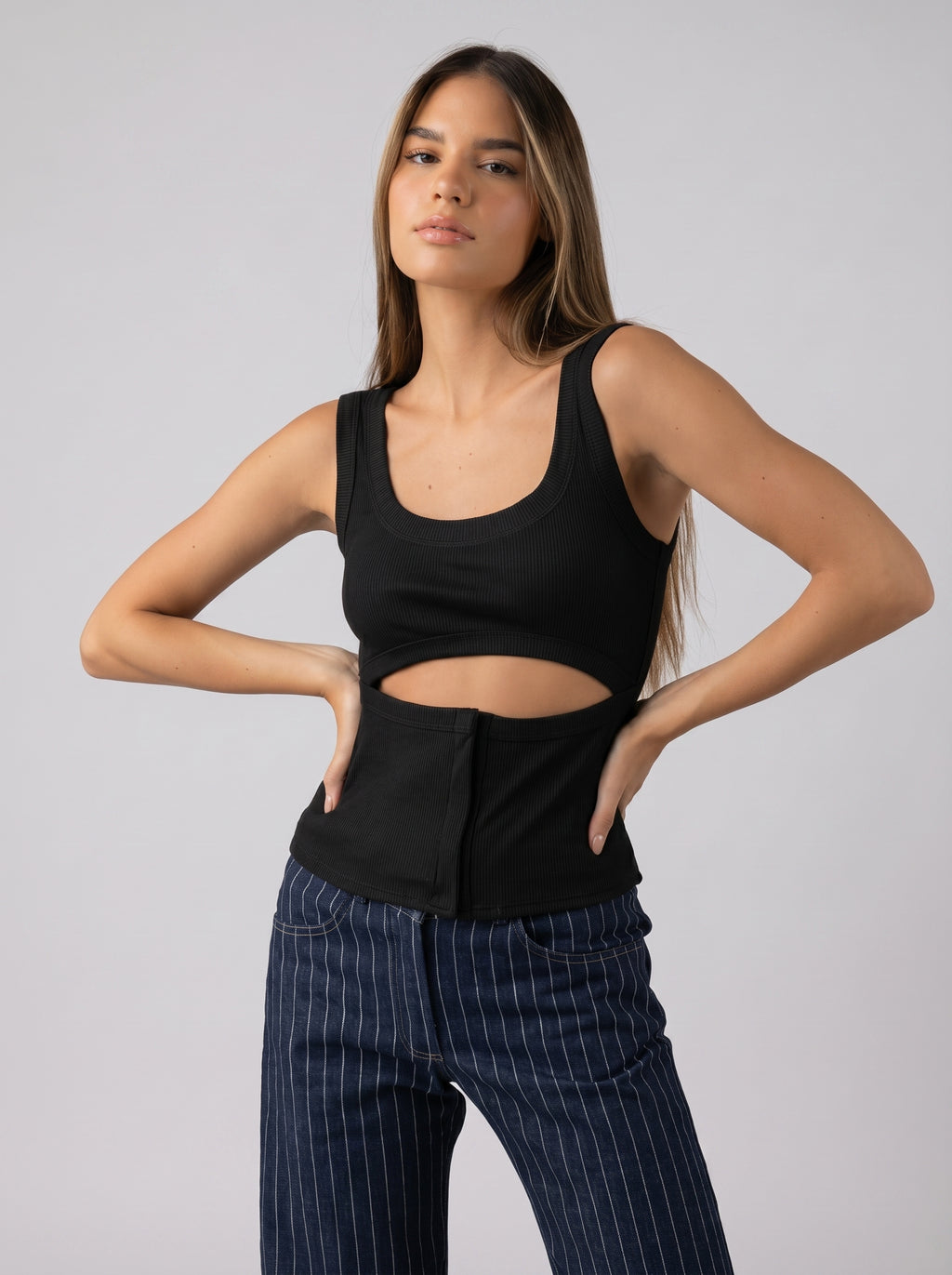 Twist Cut Ribbed Tank Top in Black