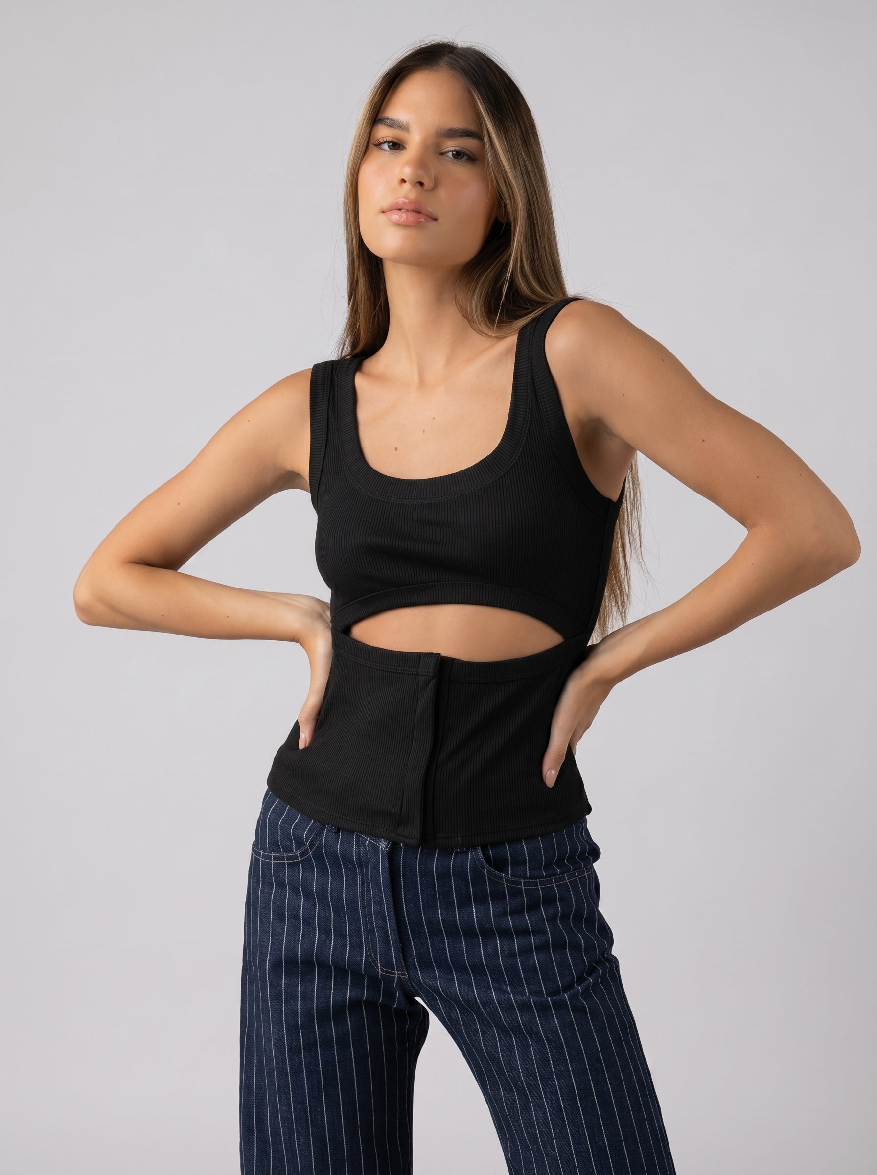 Twist Cut Ribbed Tank Top in Black