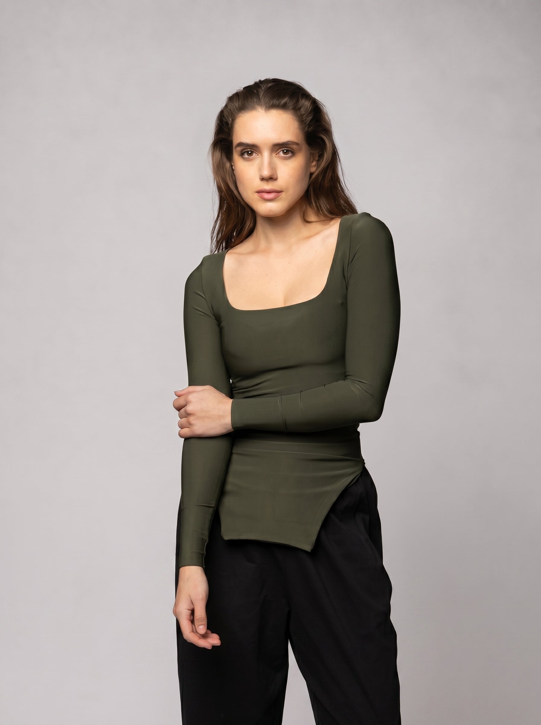 Side Split Basic Top in Olive
