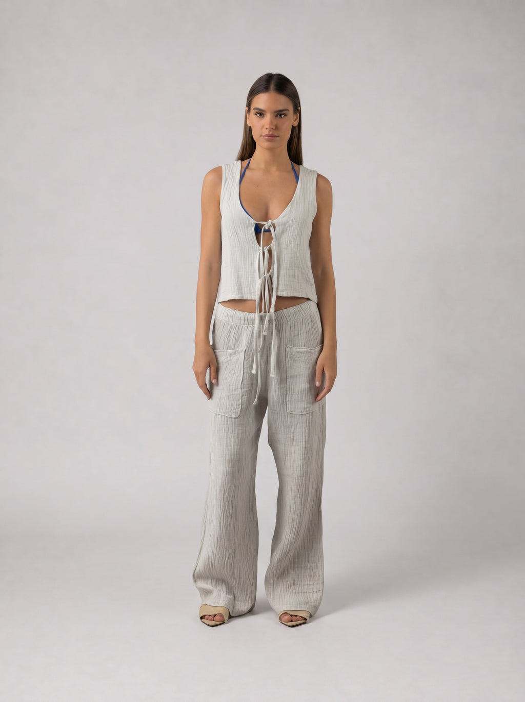 Tie Linen Set in Light Grey