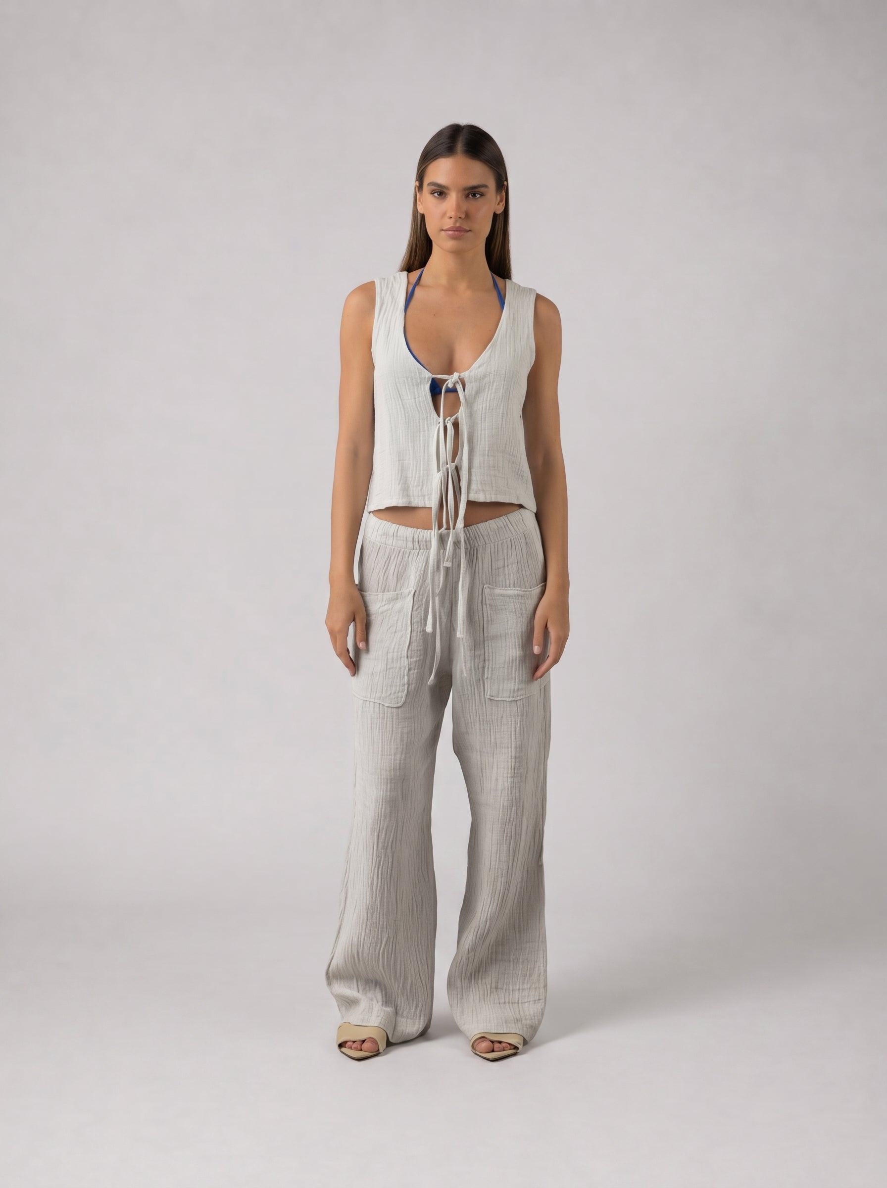 Tie Linen Set in Light Grey