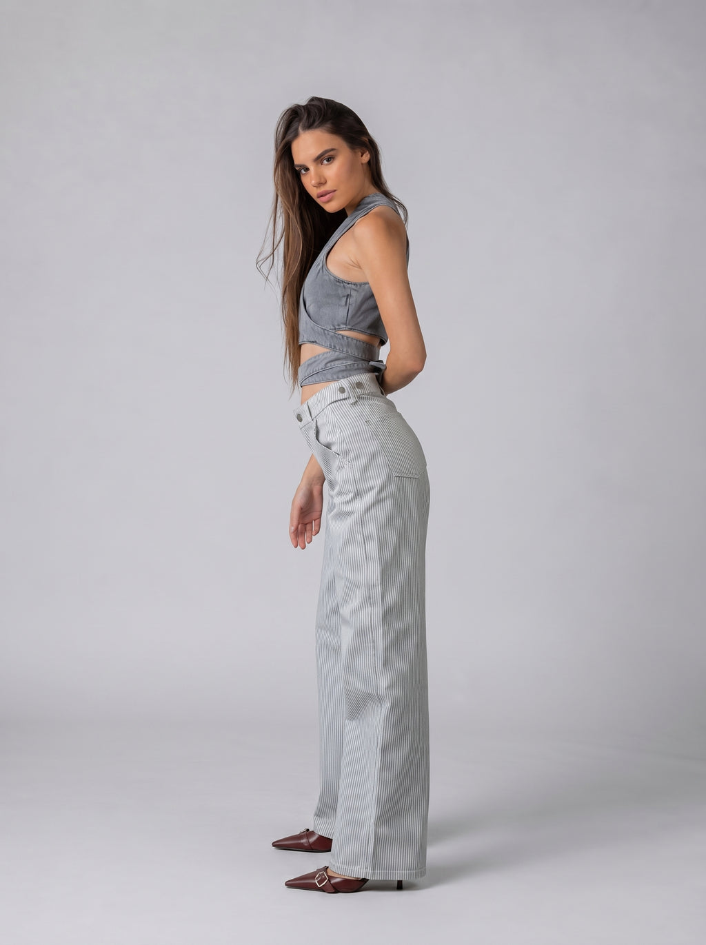 Wrap Denim Crop Top in Washed Grey