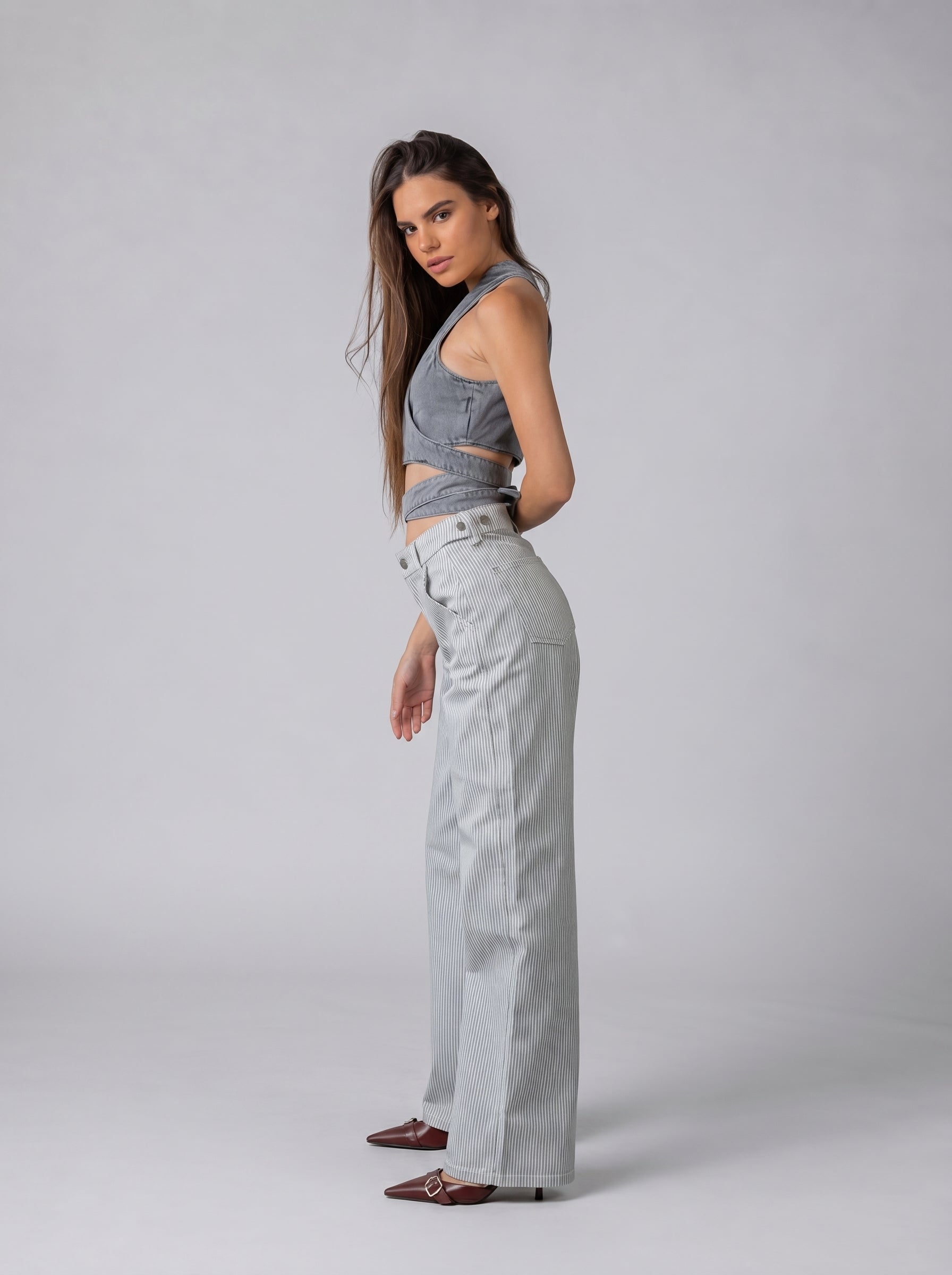 Wrap Denim Crop Top in Washed Grey