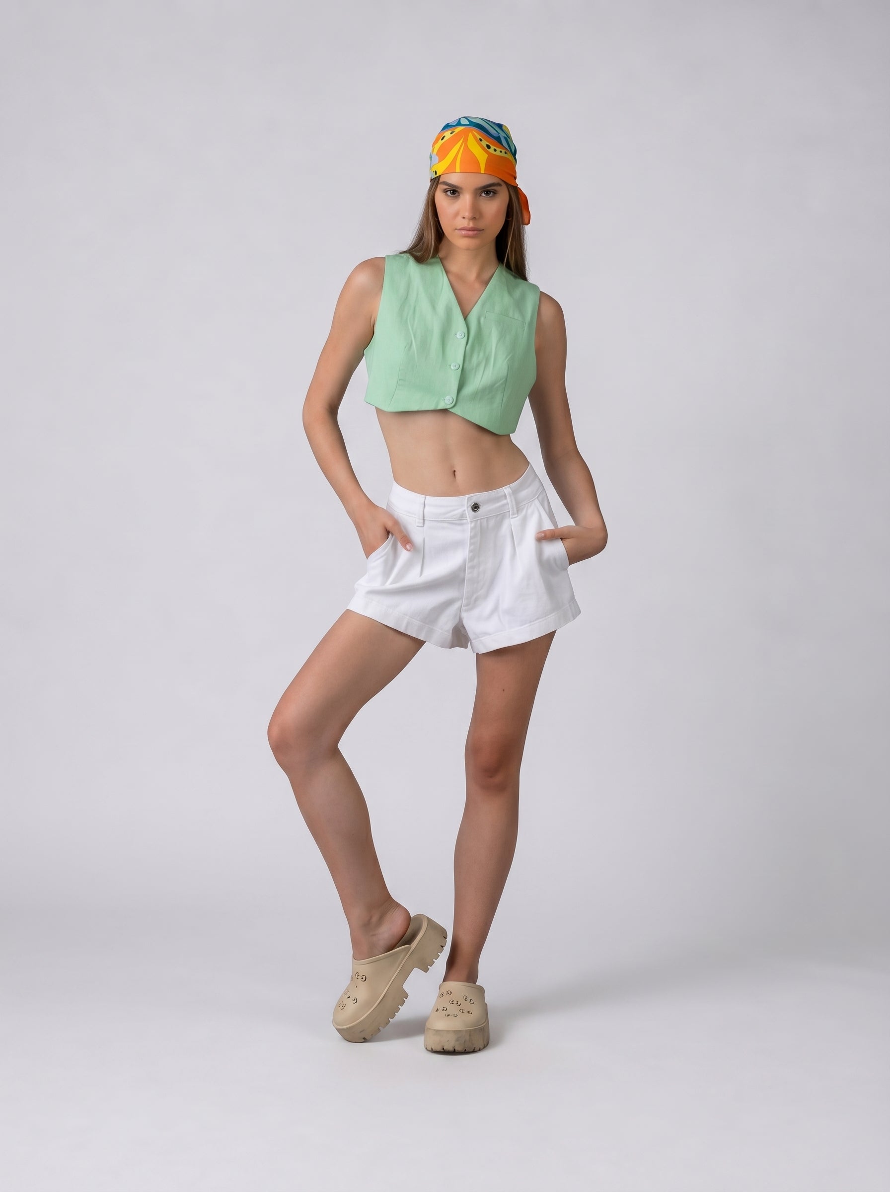 Cropped Vest in Lime Green
