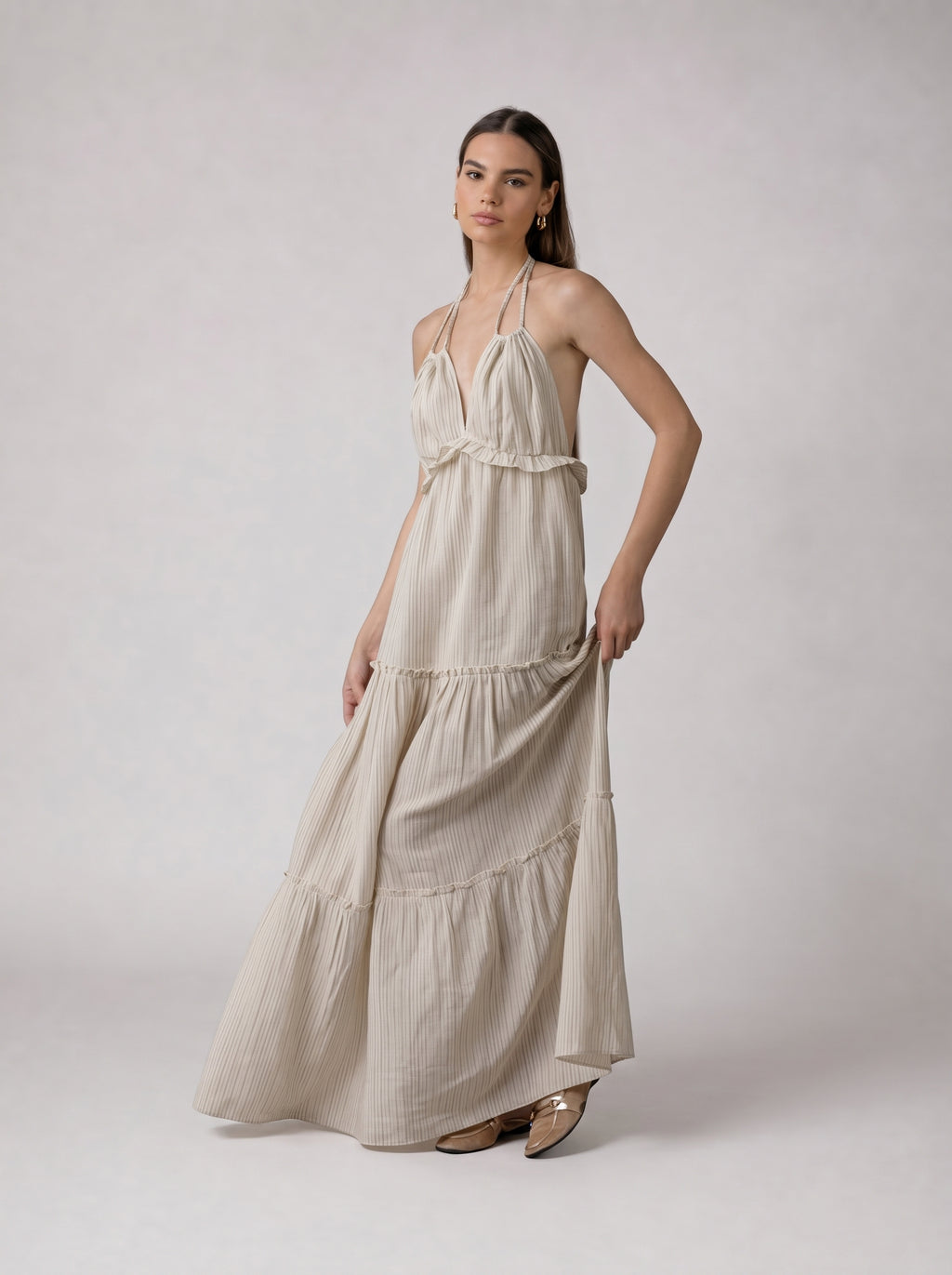 Pinstripe Flow Maxi Linen Dress in Beige