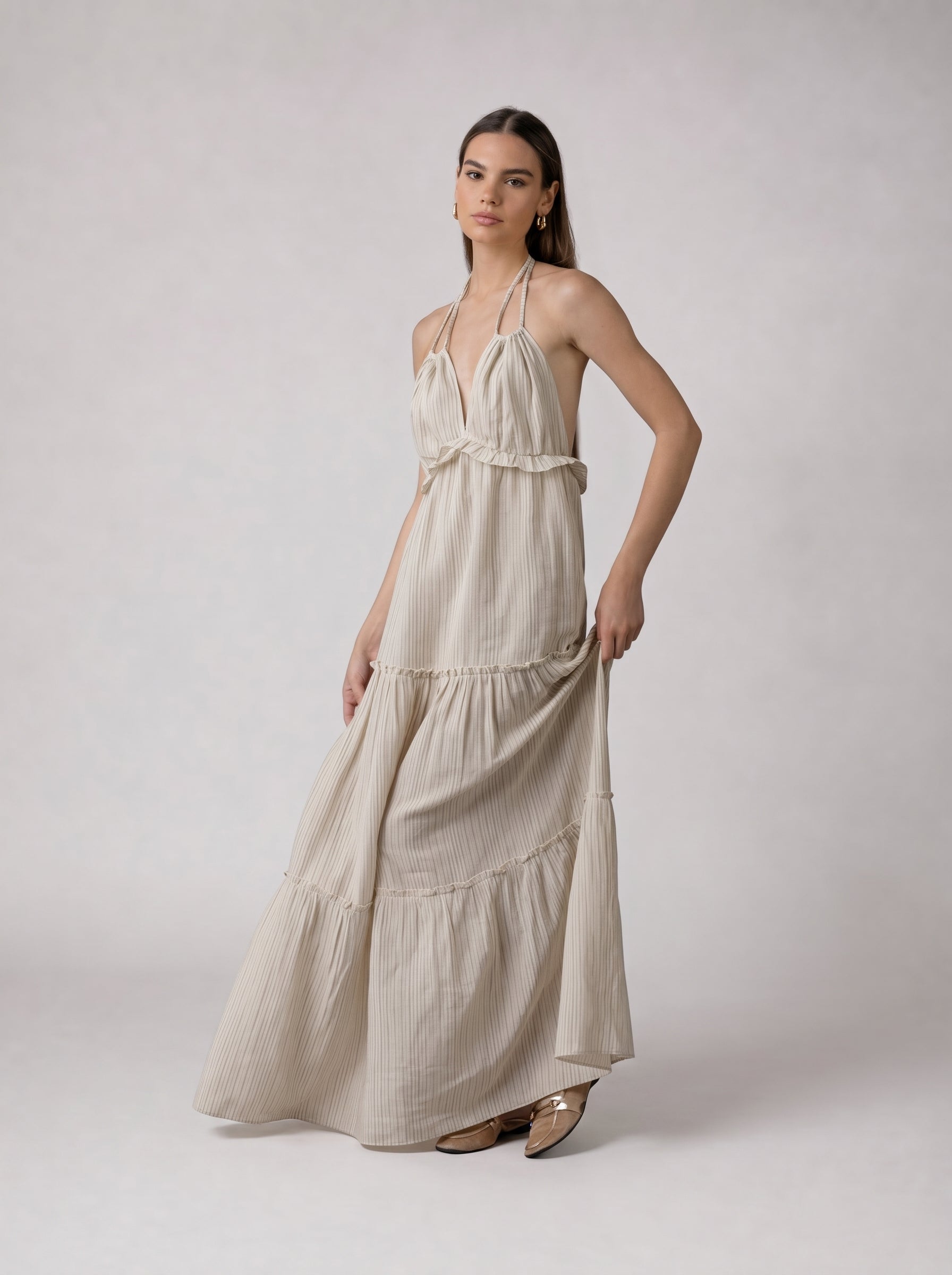 Pinstripe Flow Maxi Linen Dress in Beige