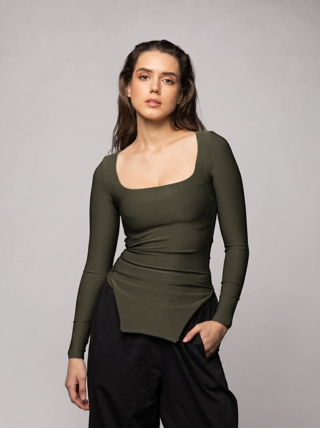 Side Split Basic Top in Olive