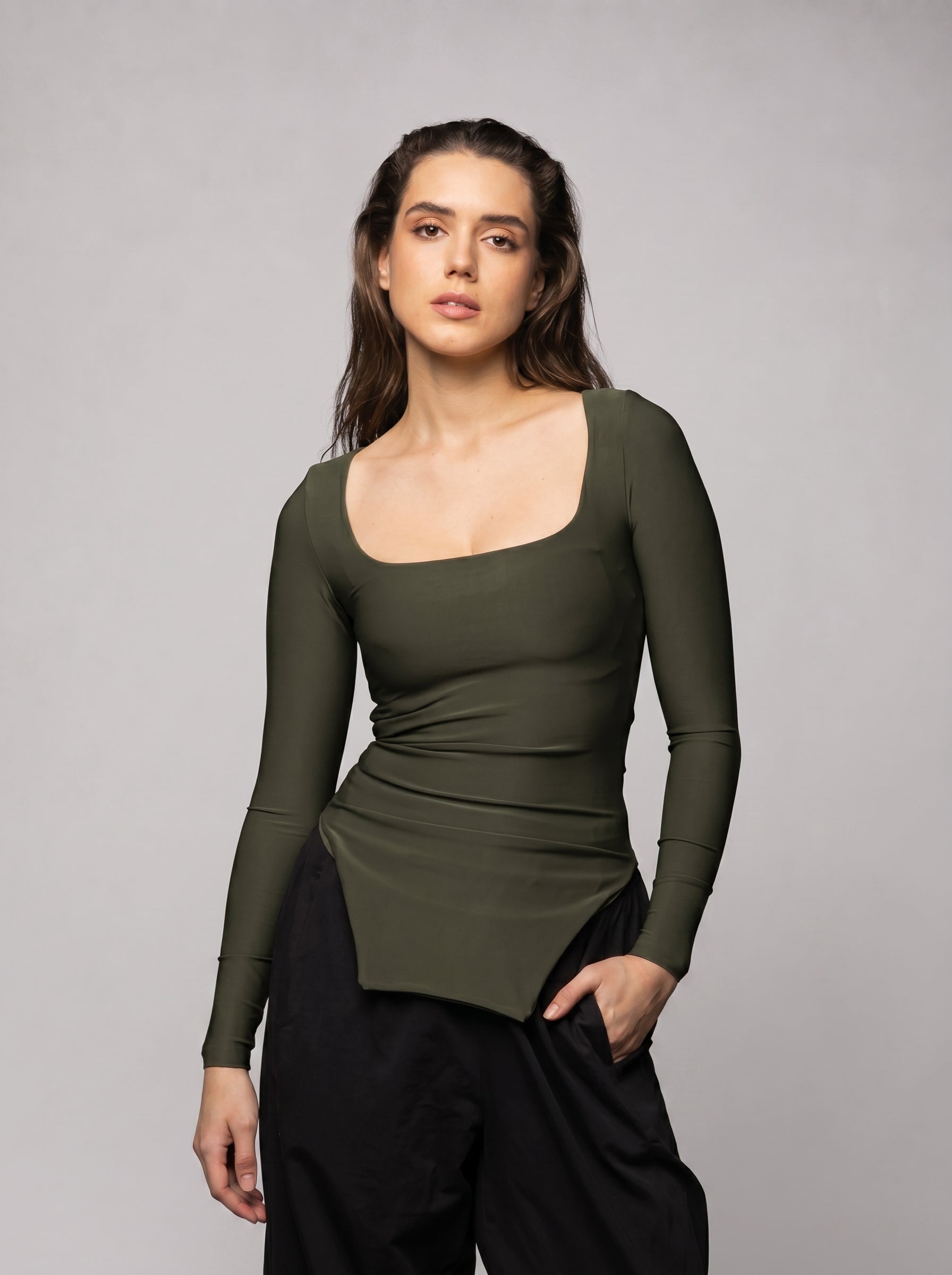 Side Split Basic Top in Olive