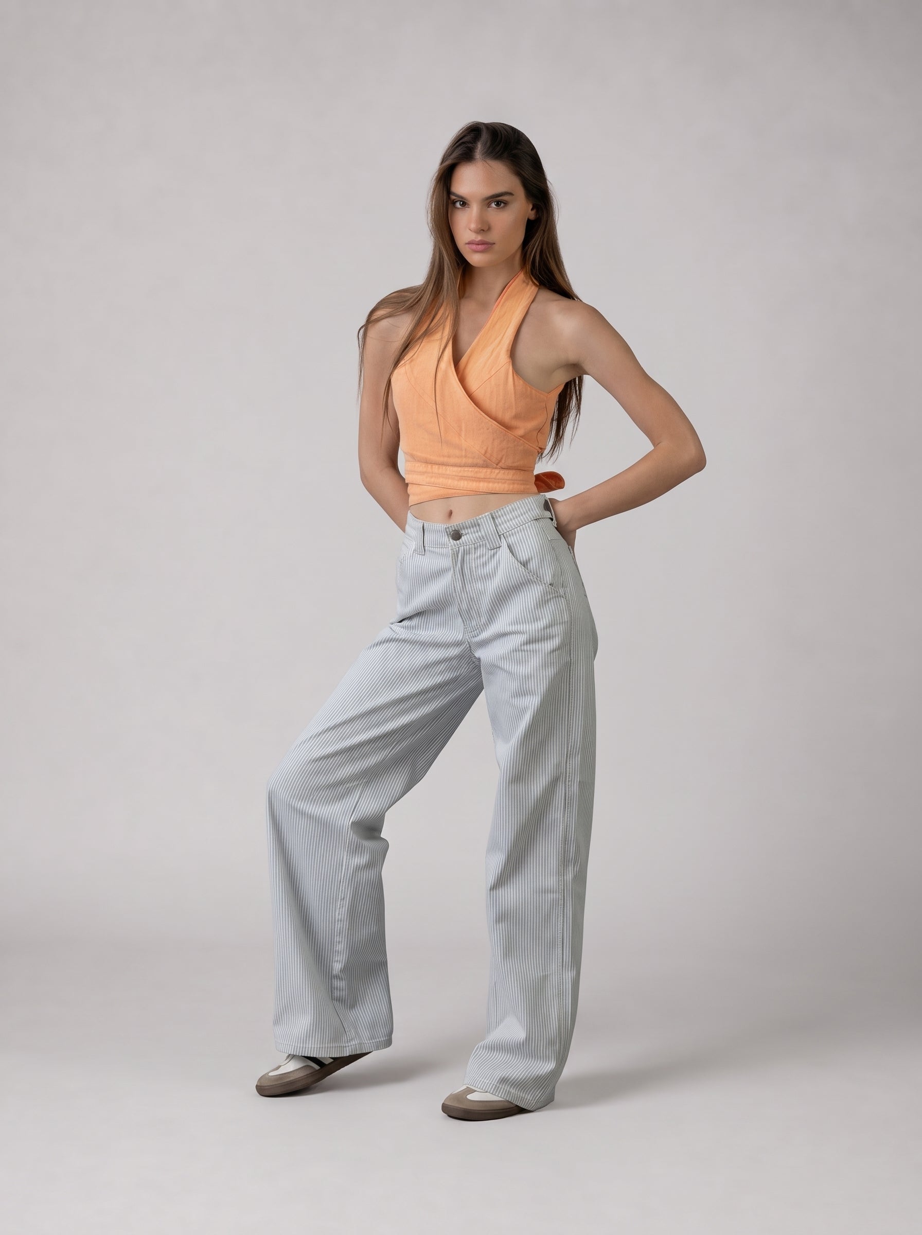 Wrap Denim Crop Top in Washed Orange