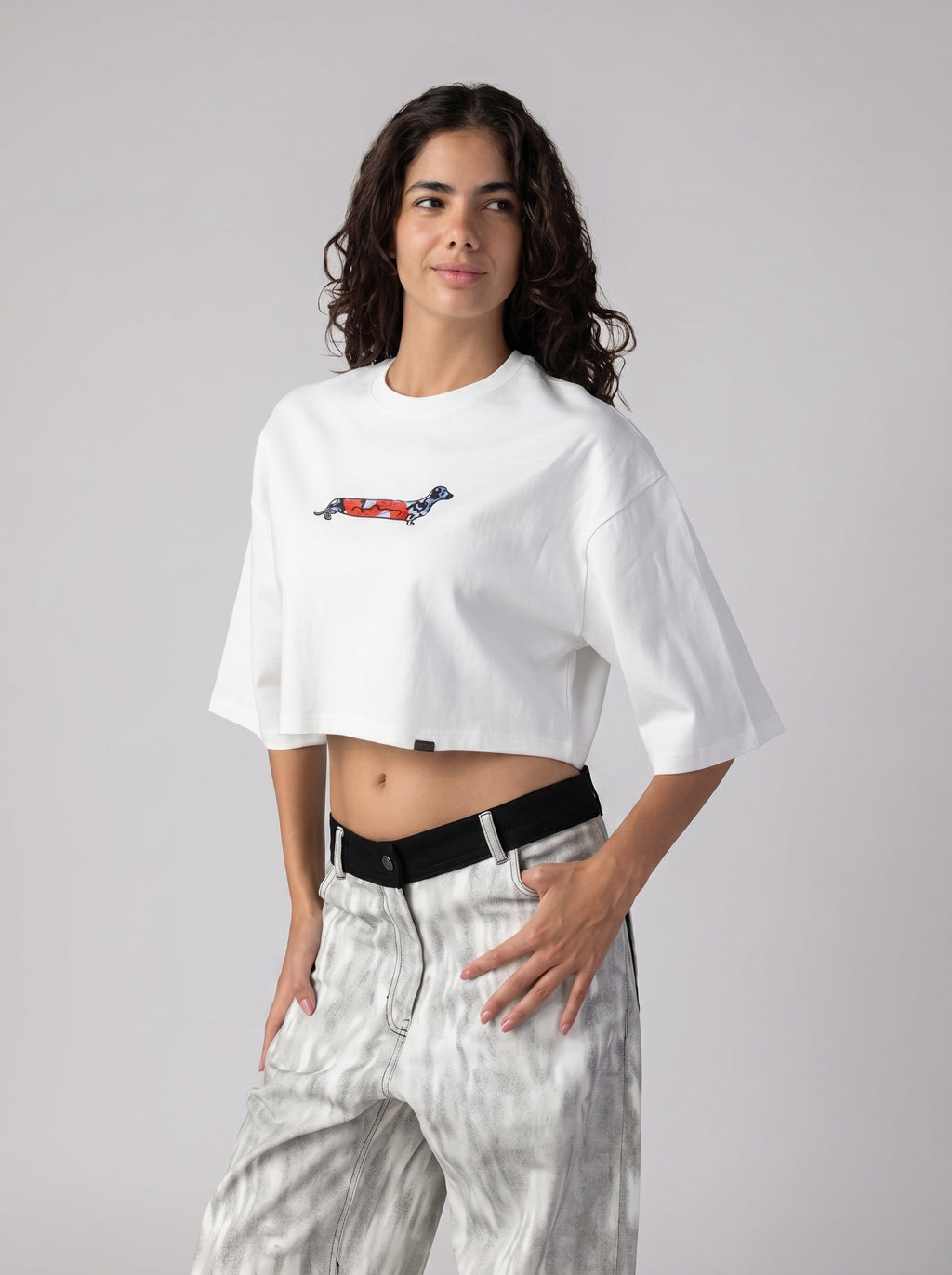 Sausage Dog Oversize Crop T-shirt in White