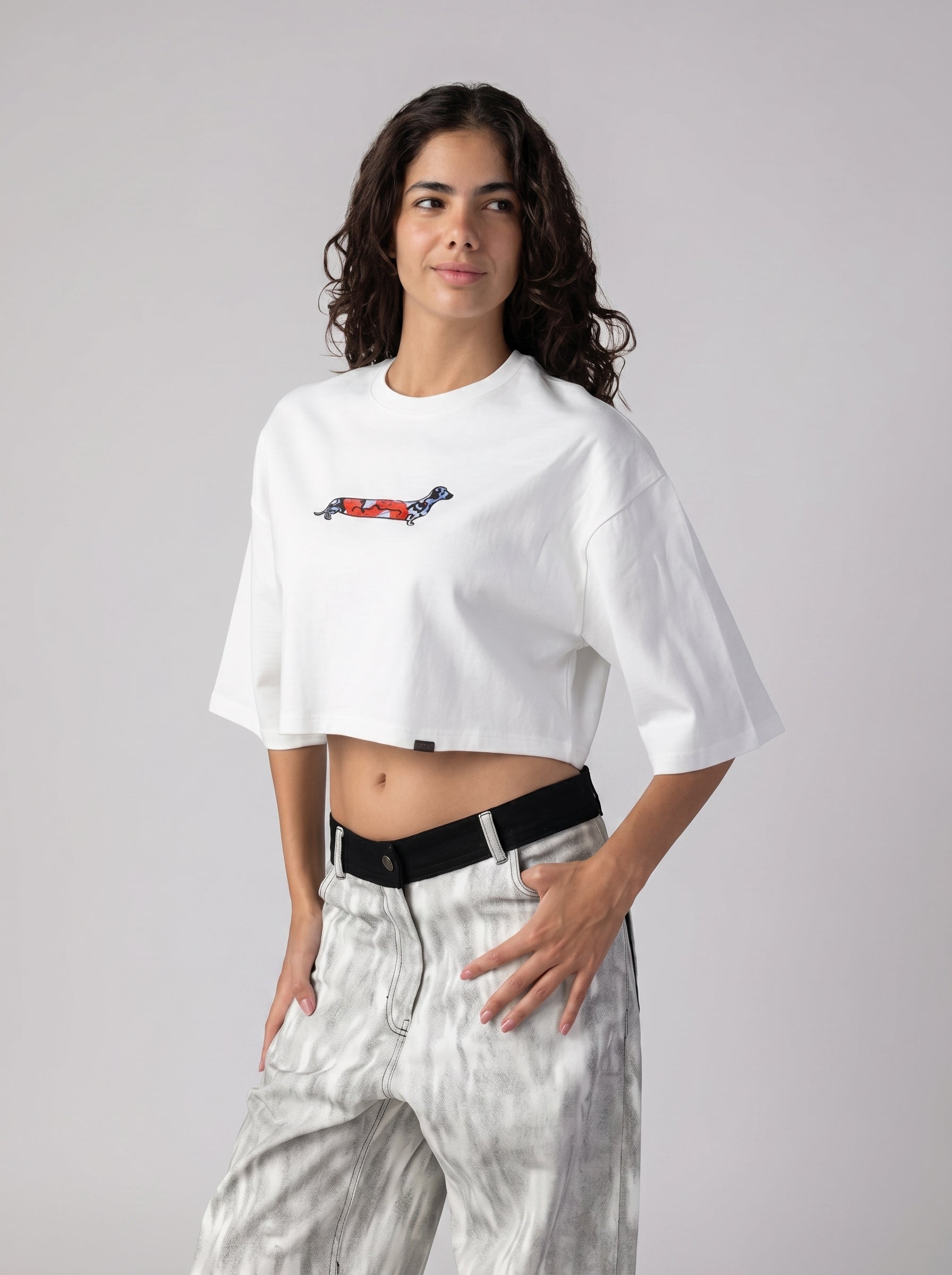 Sausage Dog Oversize Crop T-shirt in White