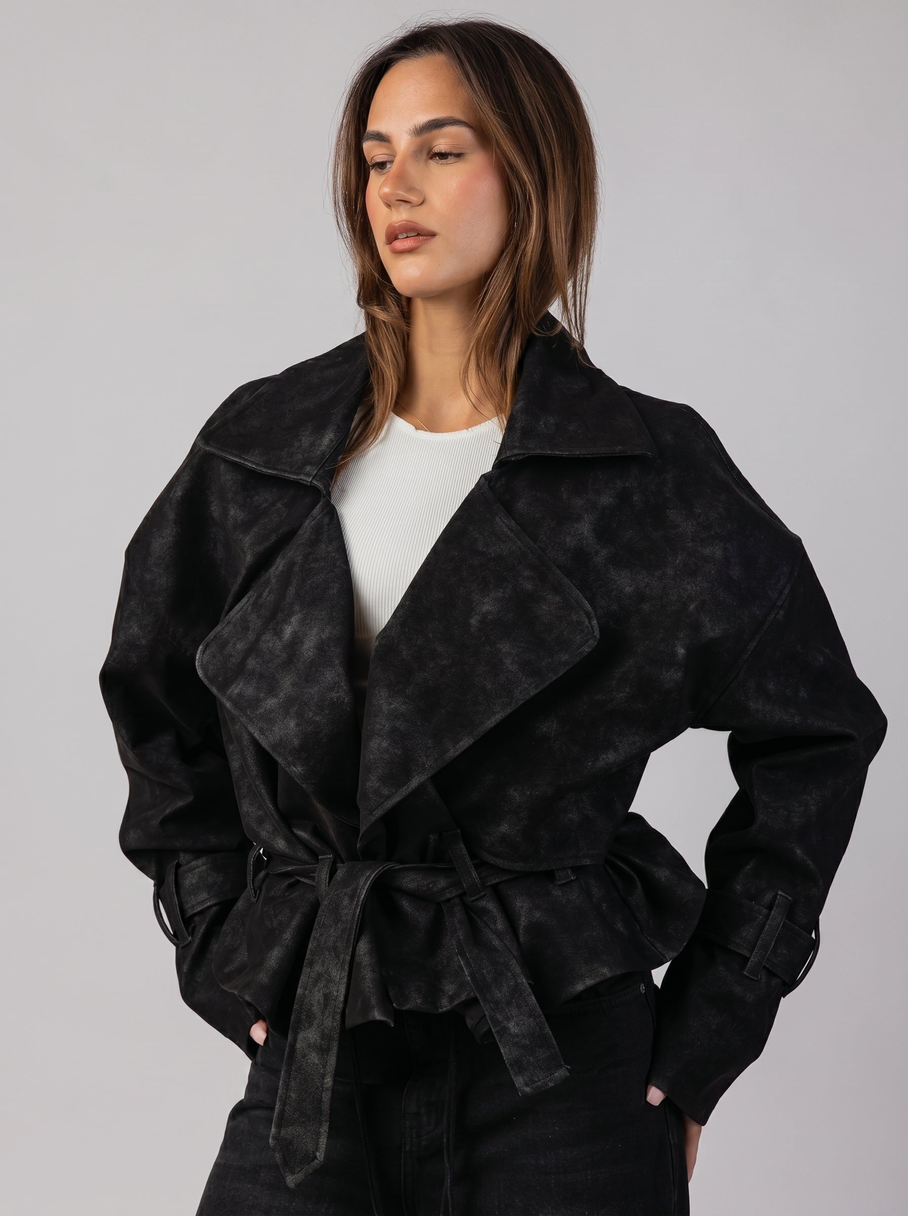 Genuine Suede Belted Jacket in Black