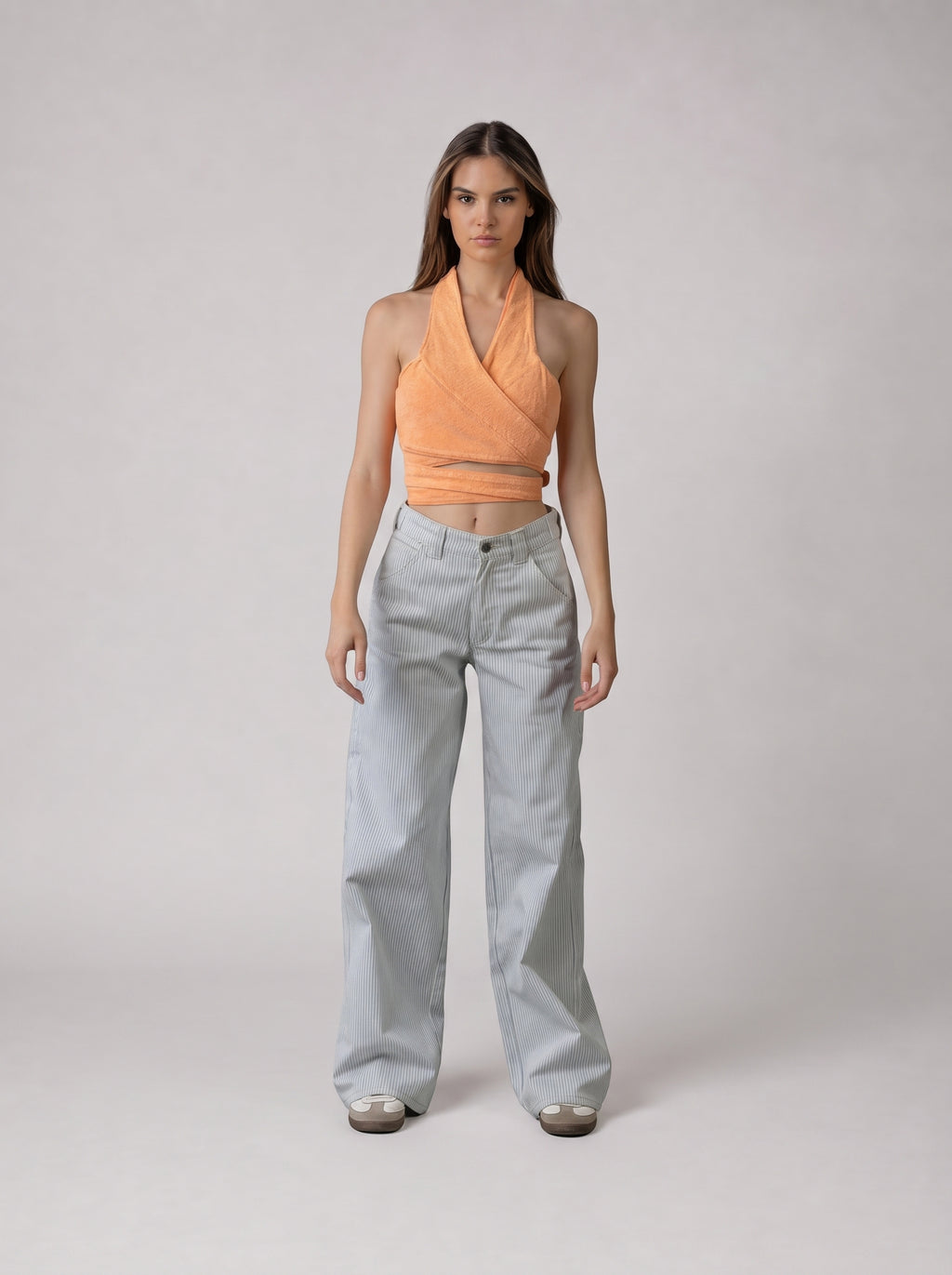Wrap Denim Crop Top in Washed Orange