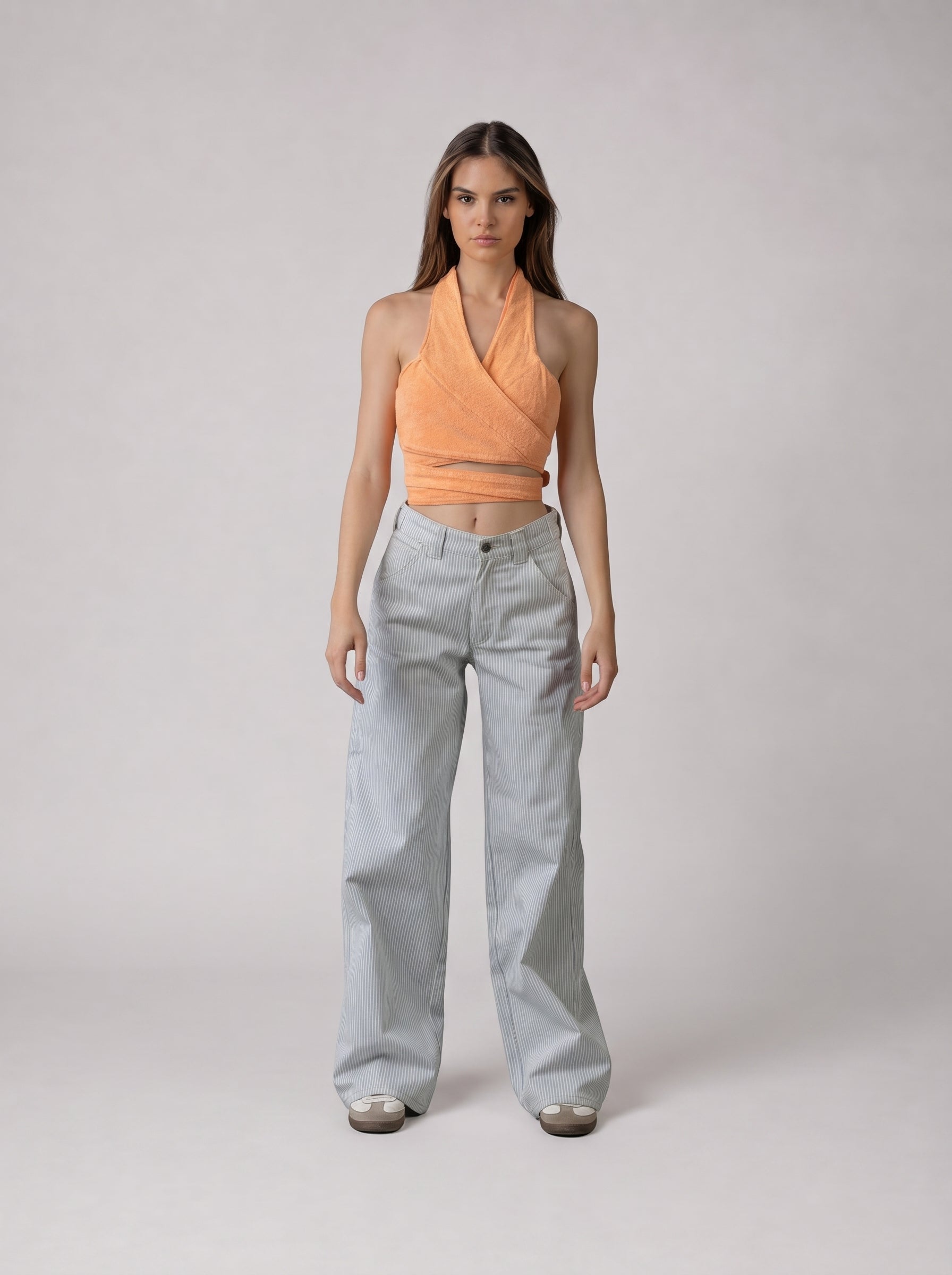 Wrap Denim Crop Top in Washed Orange