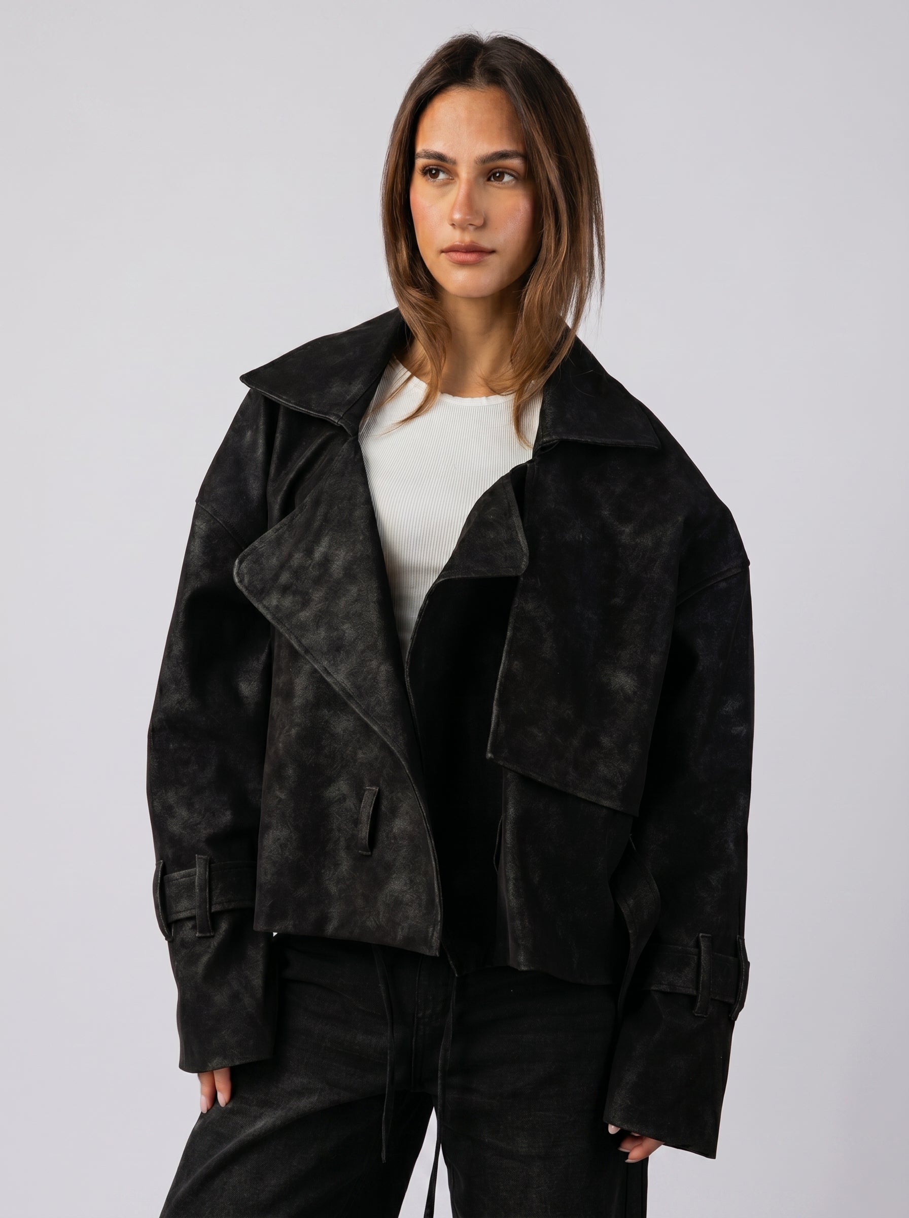 Genuine Suede Belted Jacket in Black
