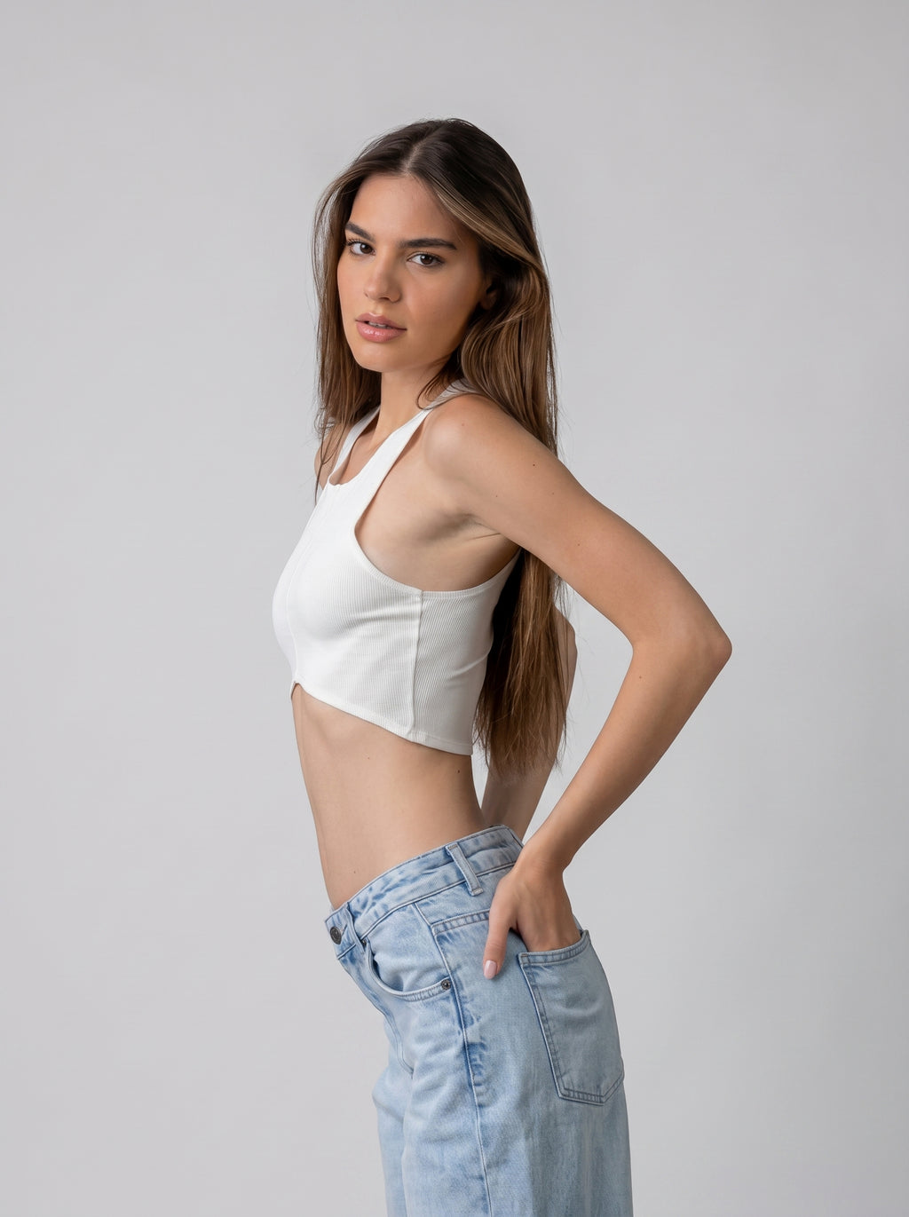 stitched detail tank top in White